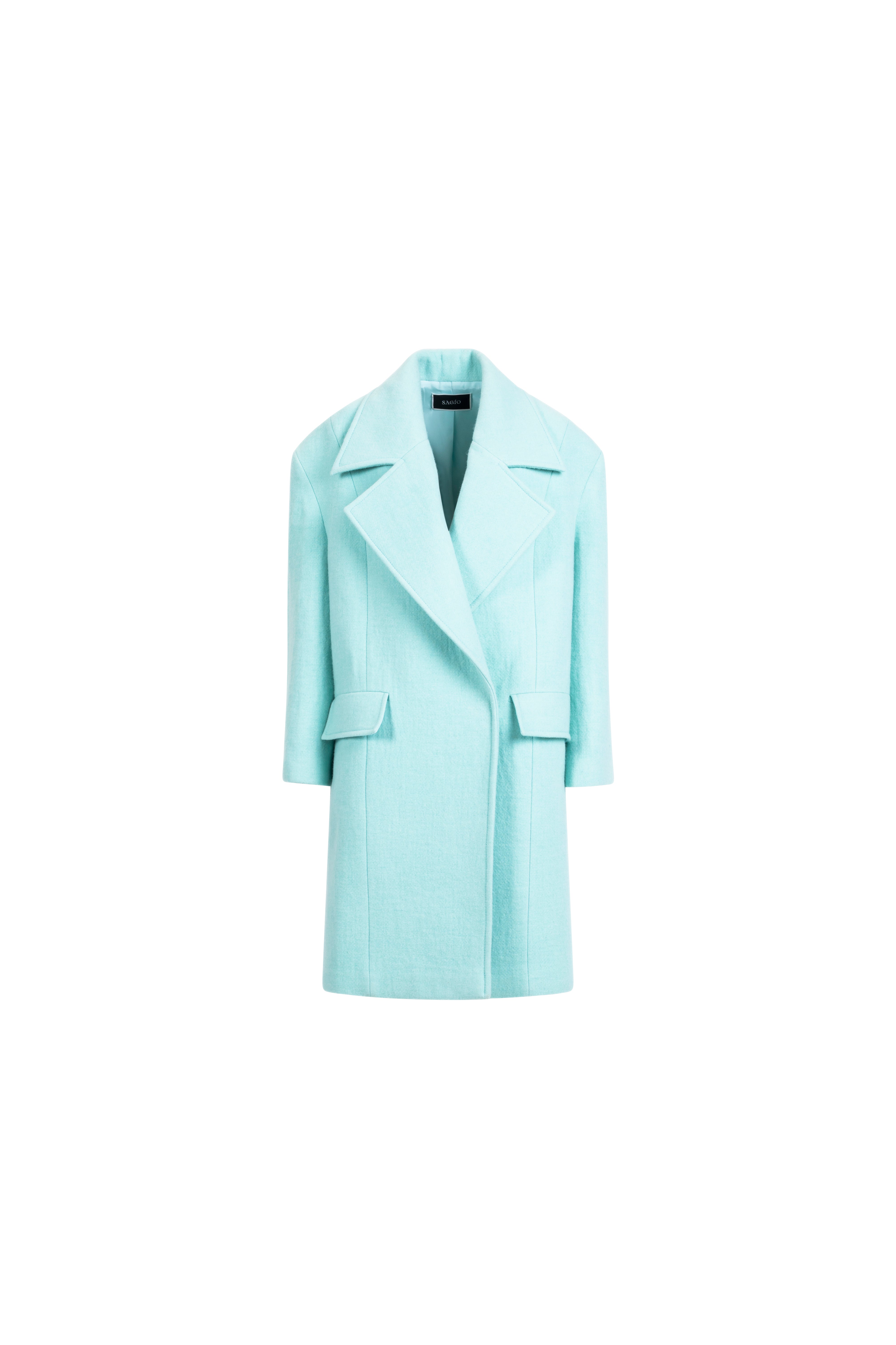 Falling Shoulder wool coat in Beach Glass, front packshot; oversized lapels, hidden placket and flap pockets