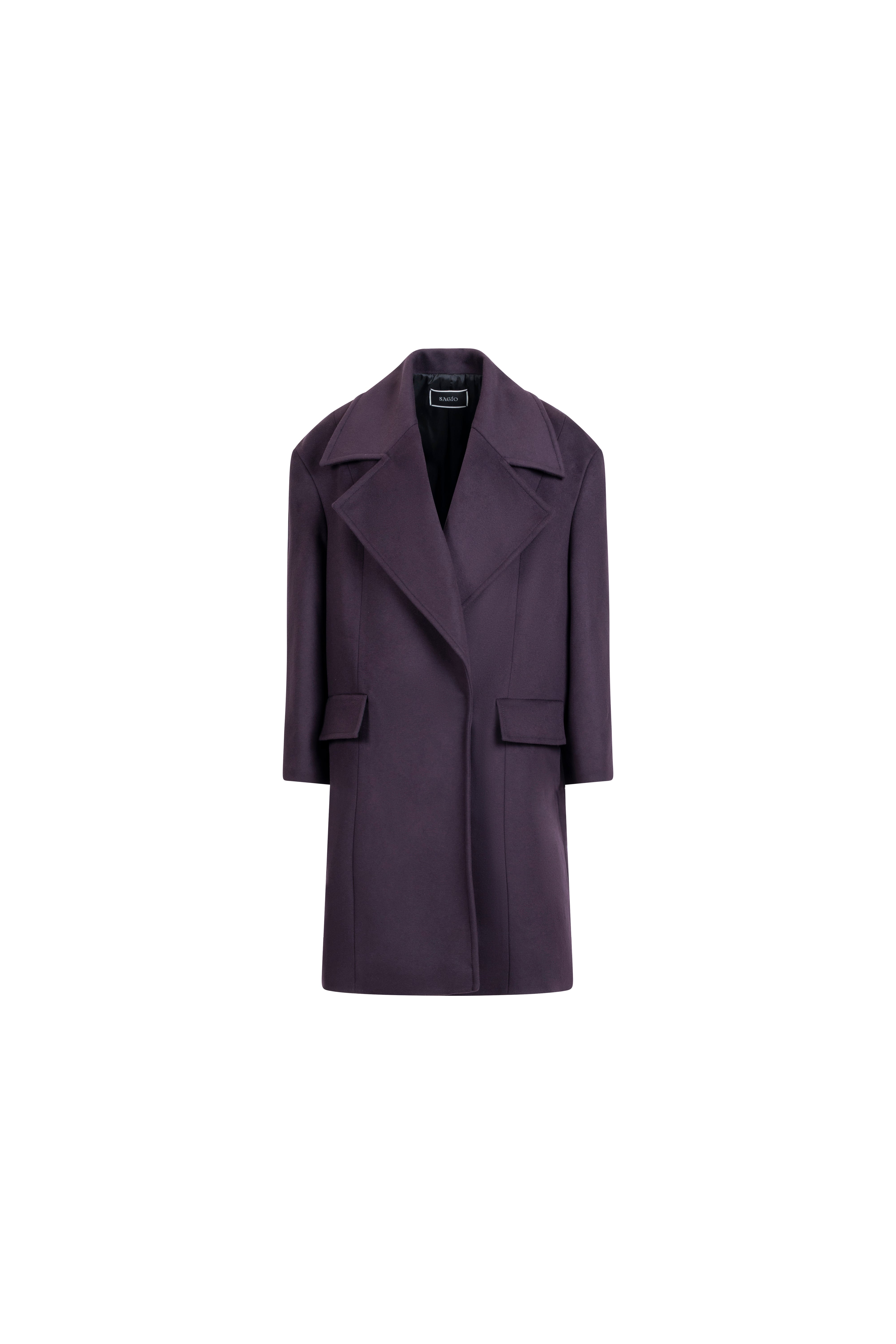 Falling Shoulder wool coat in Plum, front packshot; wide peak lapels, minimalist tailoring and concealed closure.