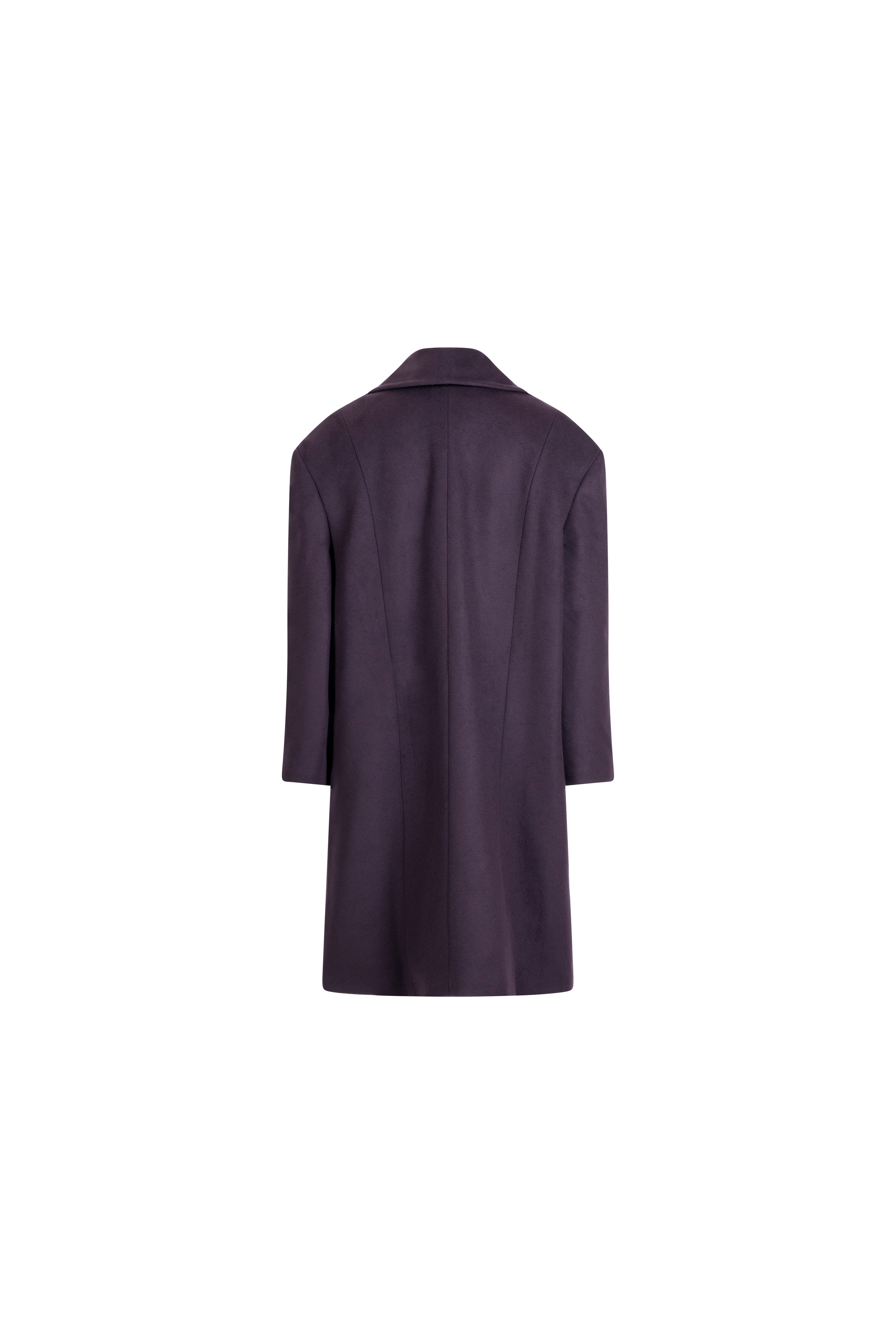 Falling Shoulder wool coat in Plum, back packshot; streamlined panels and dropped-shoulder construction.