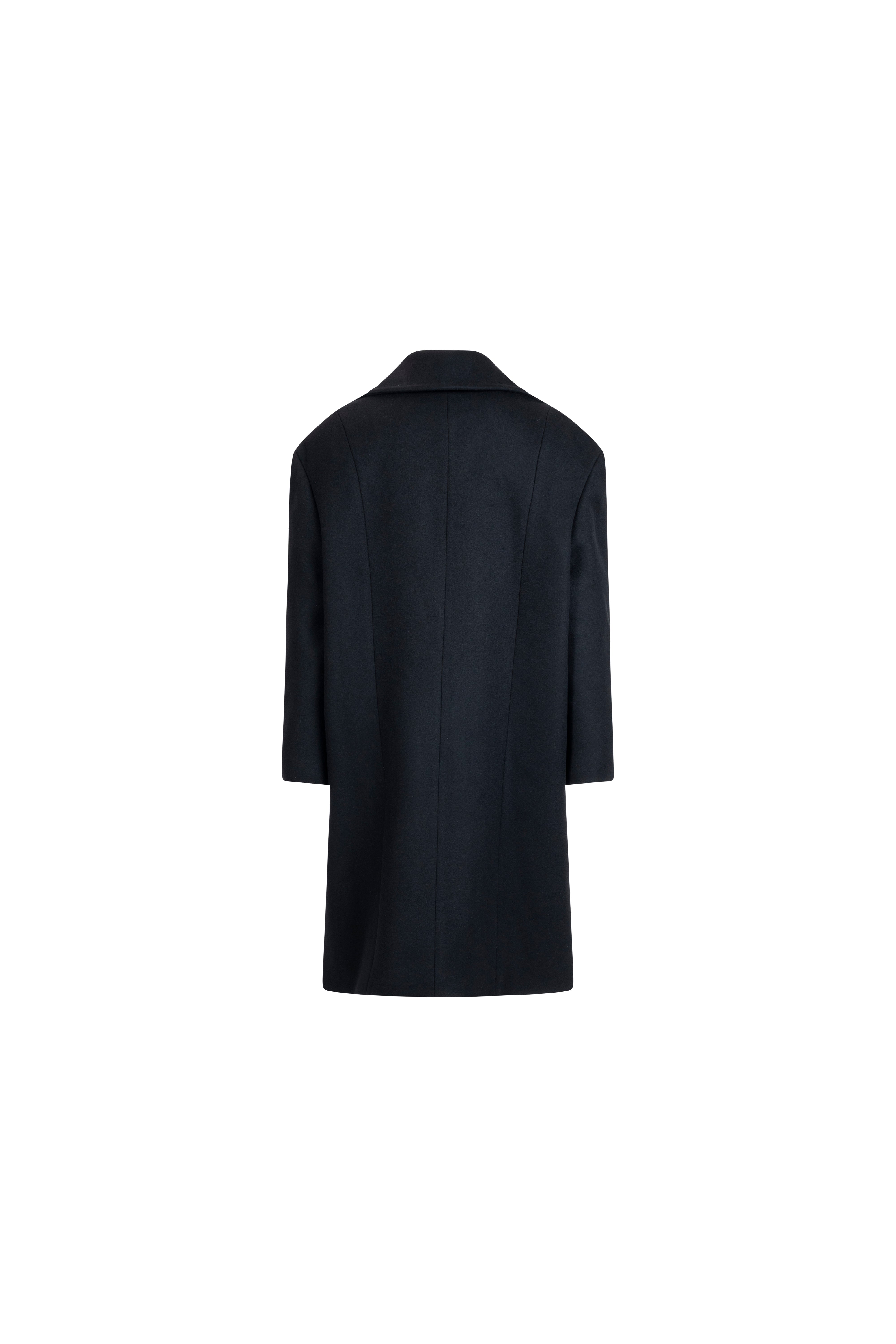 Falling Shoulder wool coat in Black, back packshot; smooth paneling and relaxed drop-shoulder line.