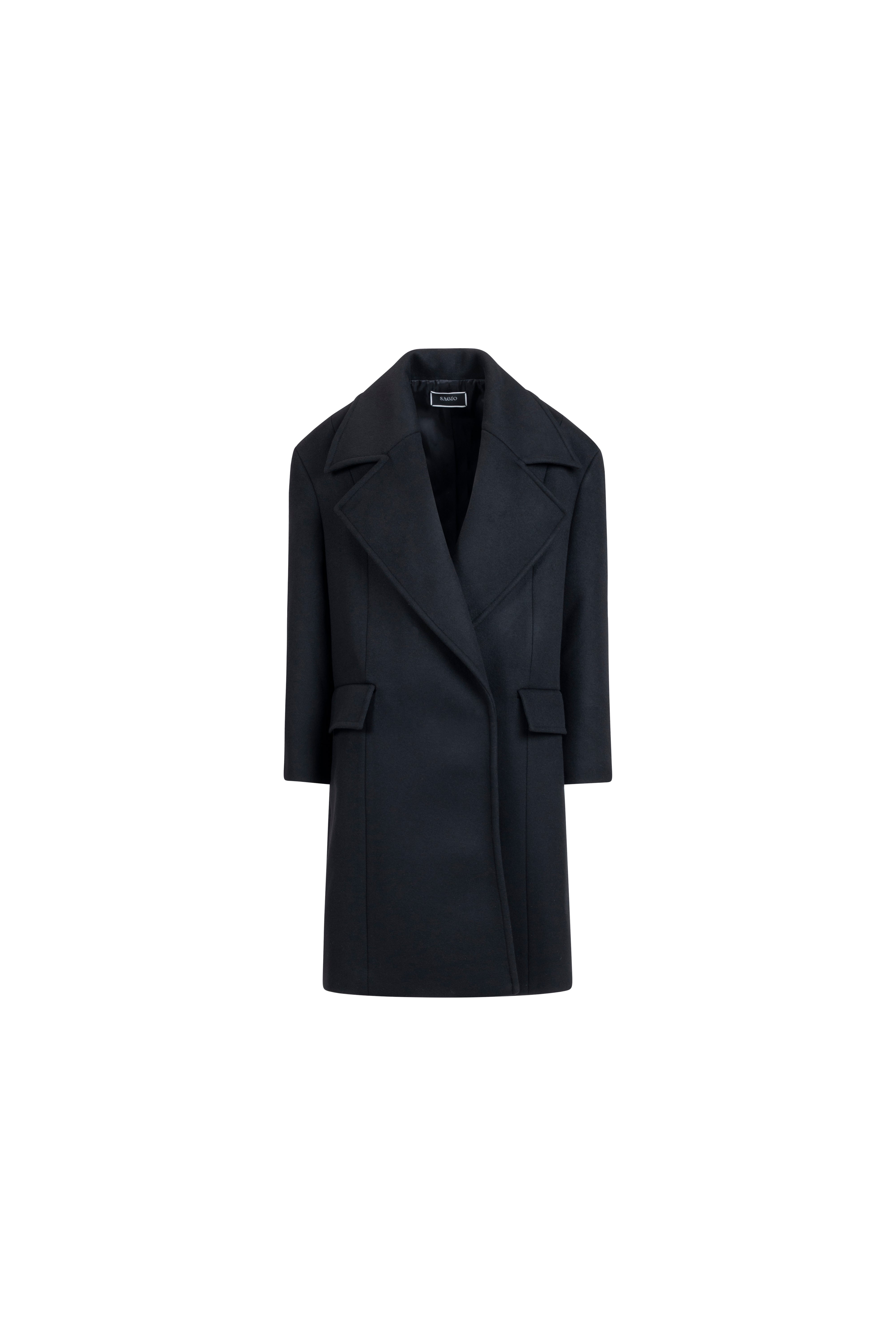 Falling Shoulder wool coat in Black, front packshot; oversized tailored silhouette with peak lapels and flap pockets.