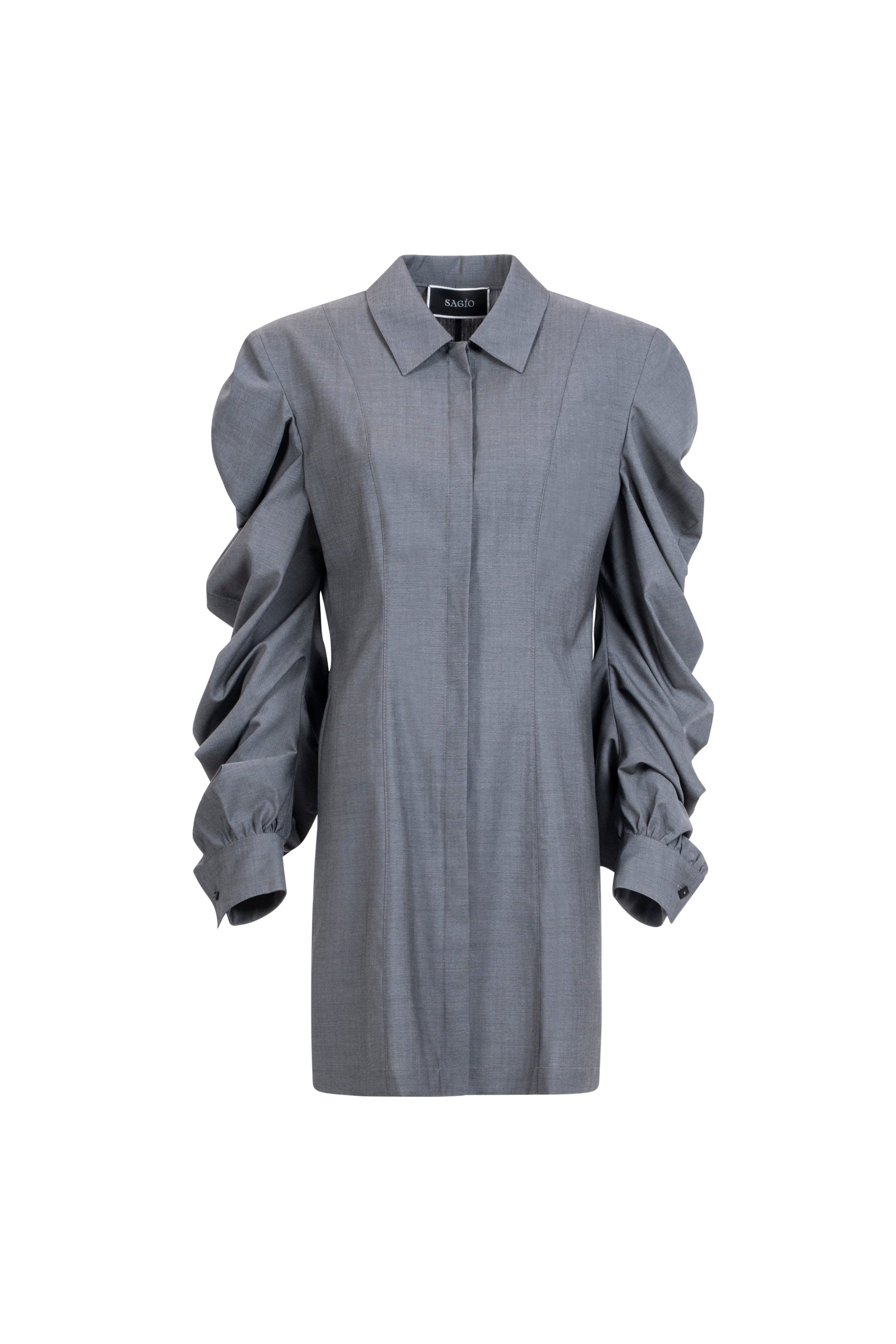 Women’s grey wool shirt with sculptural sleeves, concealed placket