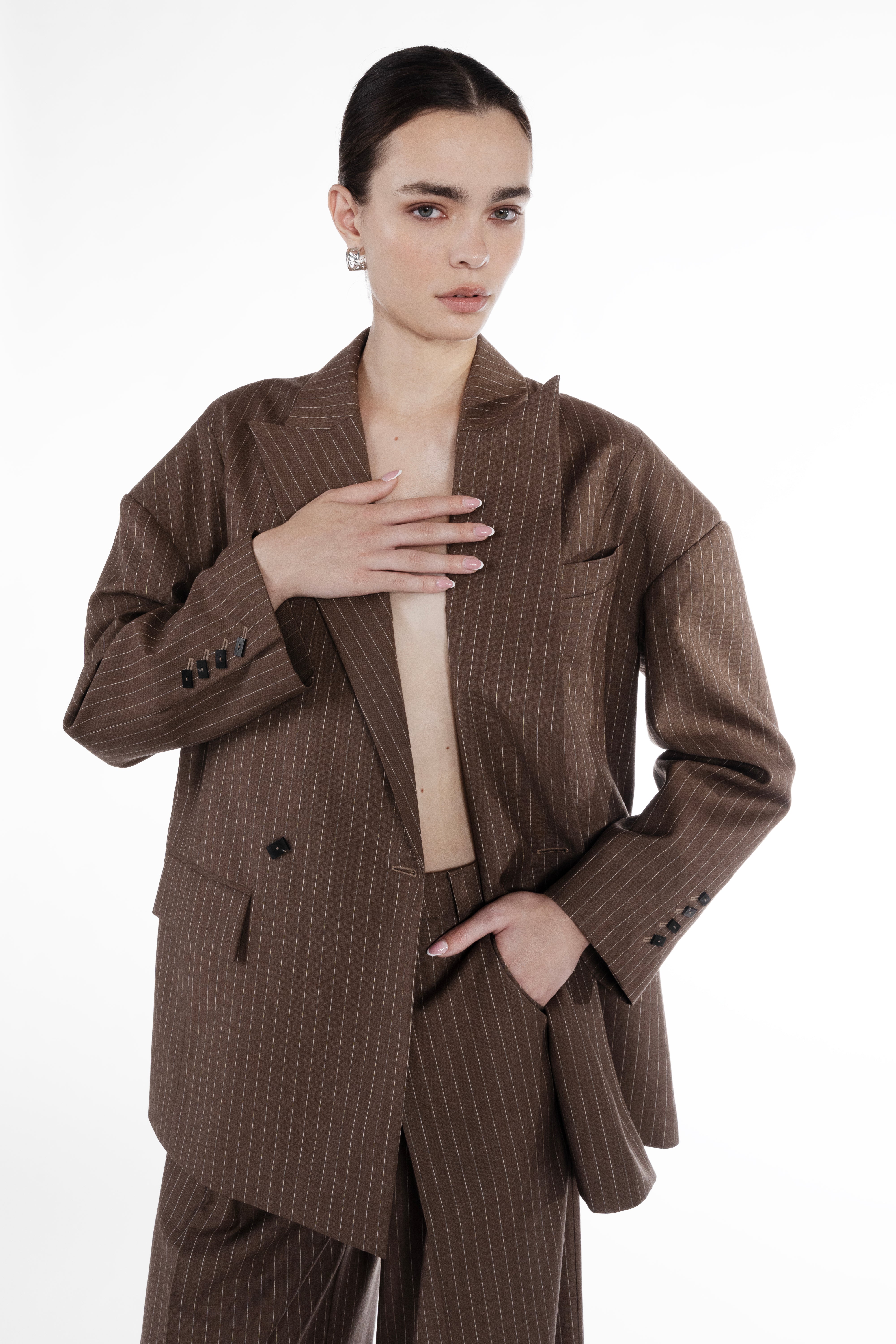 Falling Double-Breasted Stripes Jacket brown beige pinstripe detail view double-breasted front and lapel tailoring