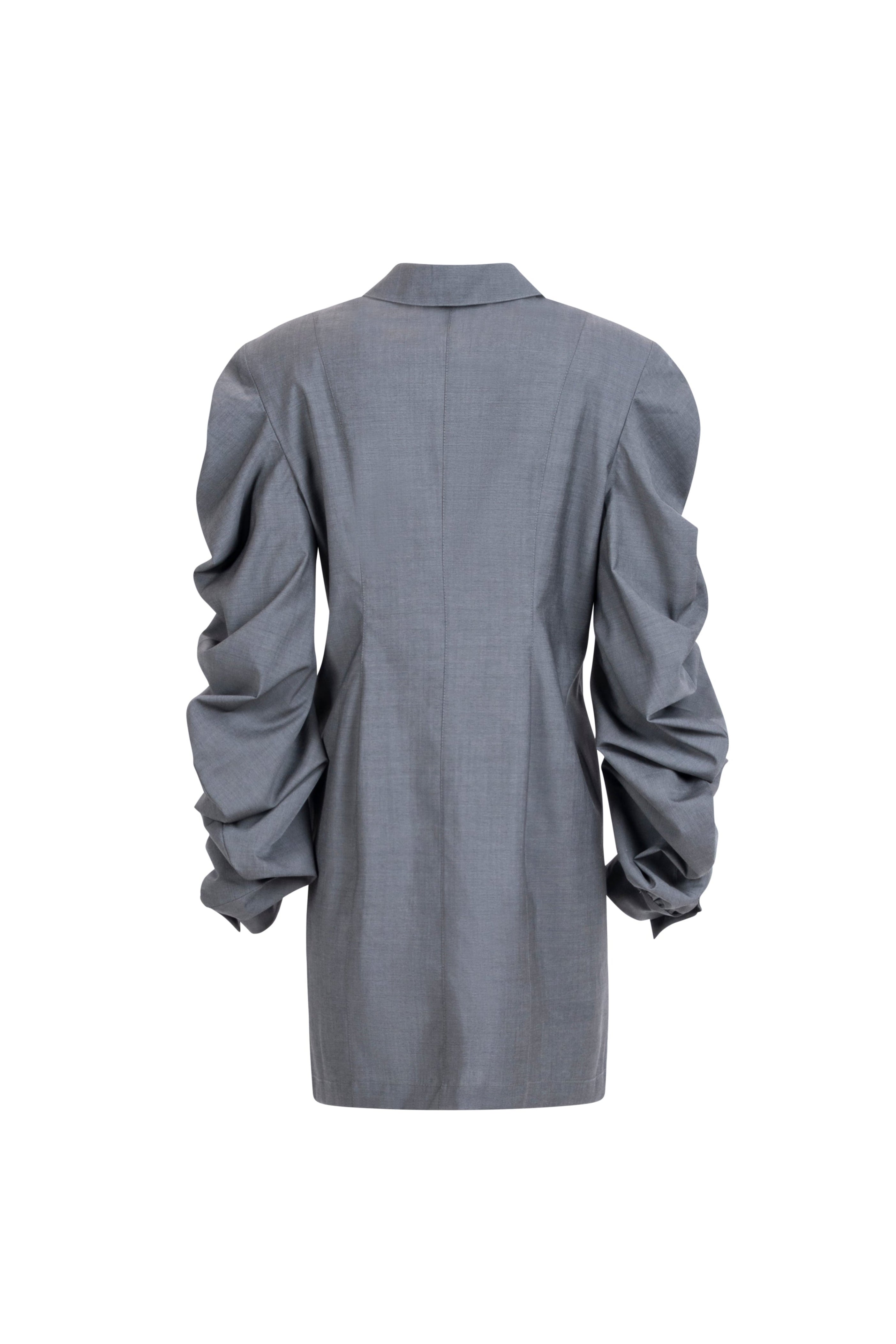 Women’s grey wool shirt with sculptural sleeves, back view