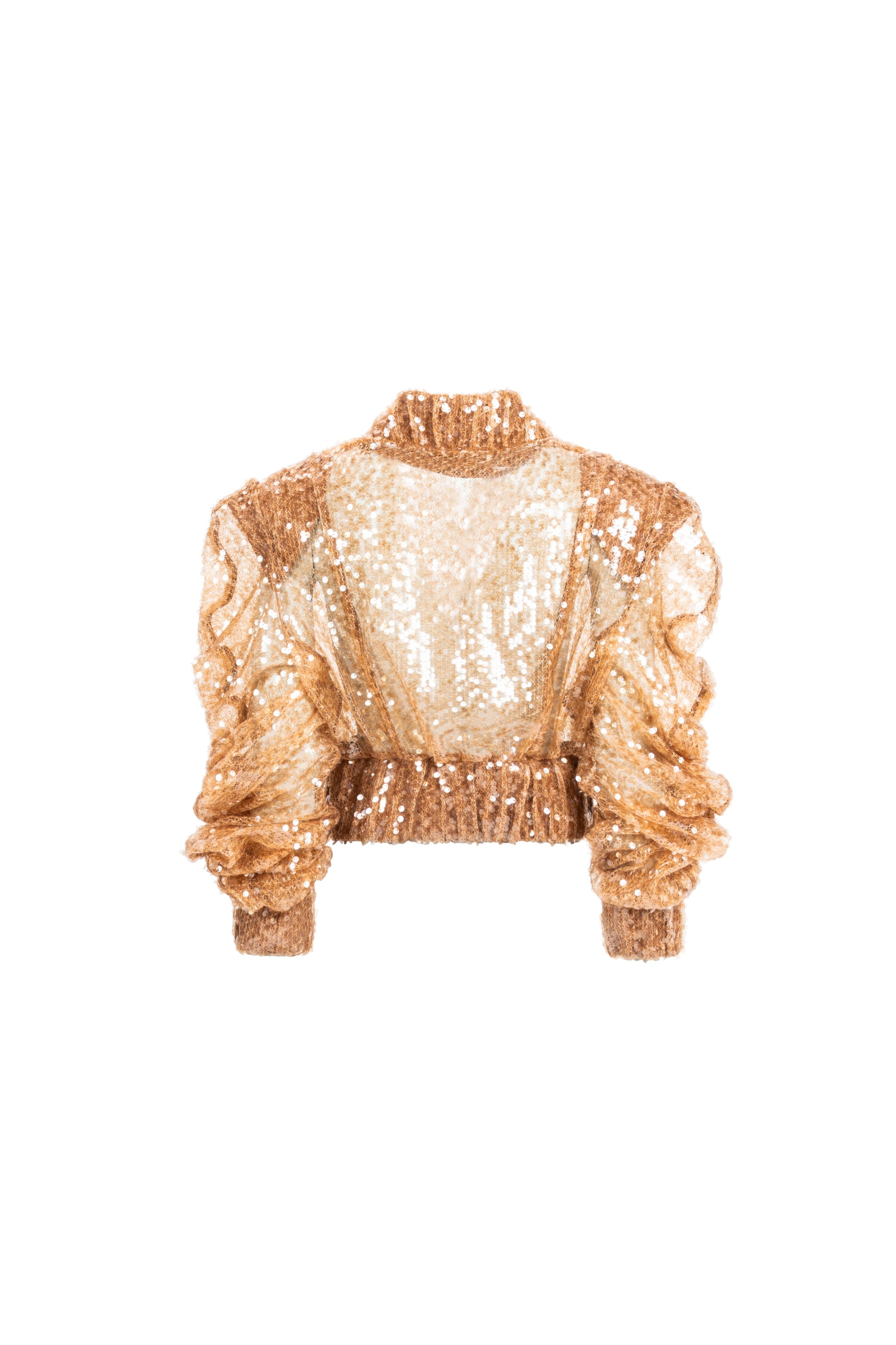 Women’s gold sequin cropped jacket, back view with ruched sleeves and elastic hem
