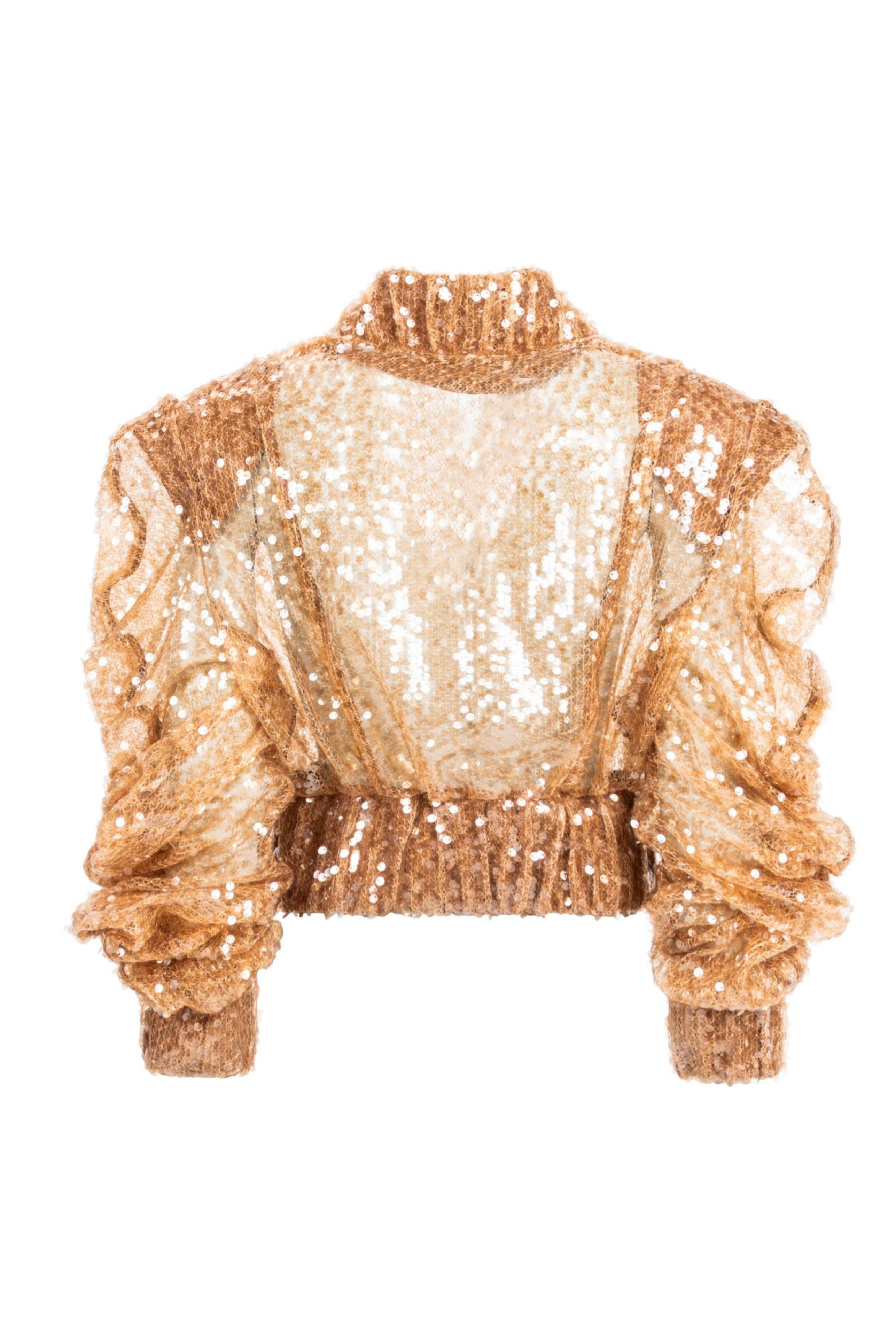 Women’s gold sequin cropped jacket, back view with ruched sleeves and elastic hem