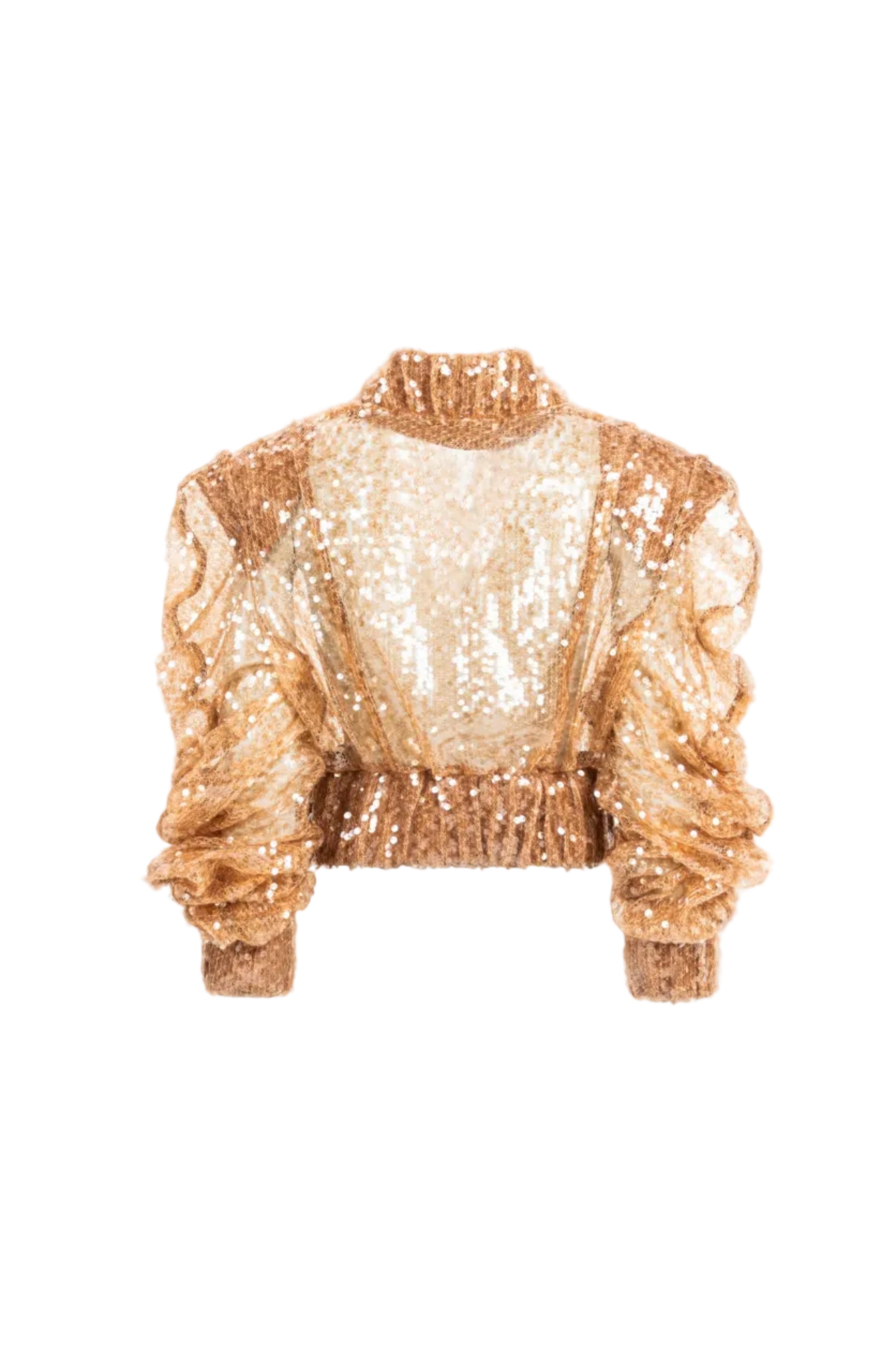 Women’s gold sequin cropped jacket, back view with ruched sleeves and elastic hem
