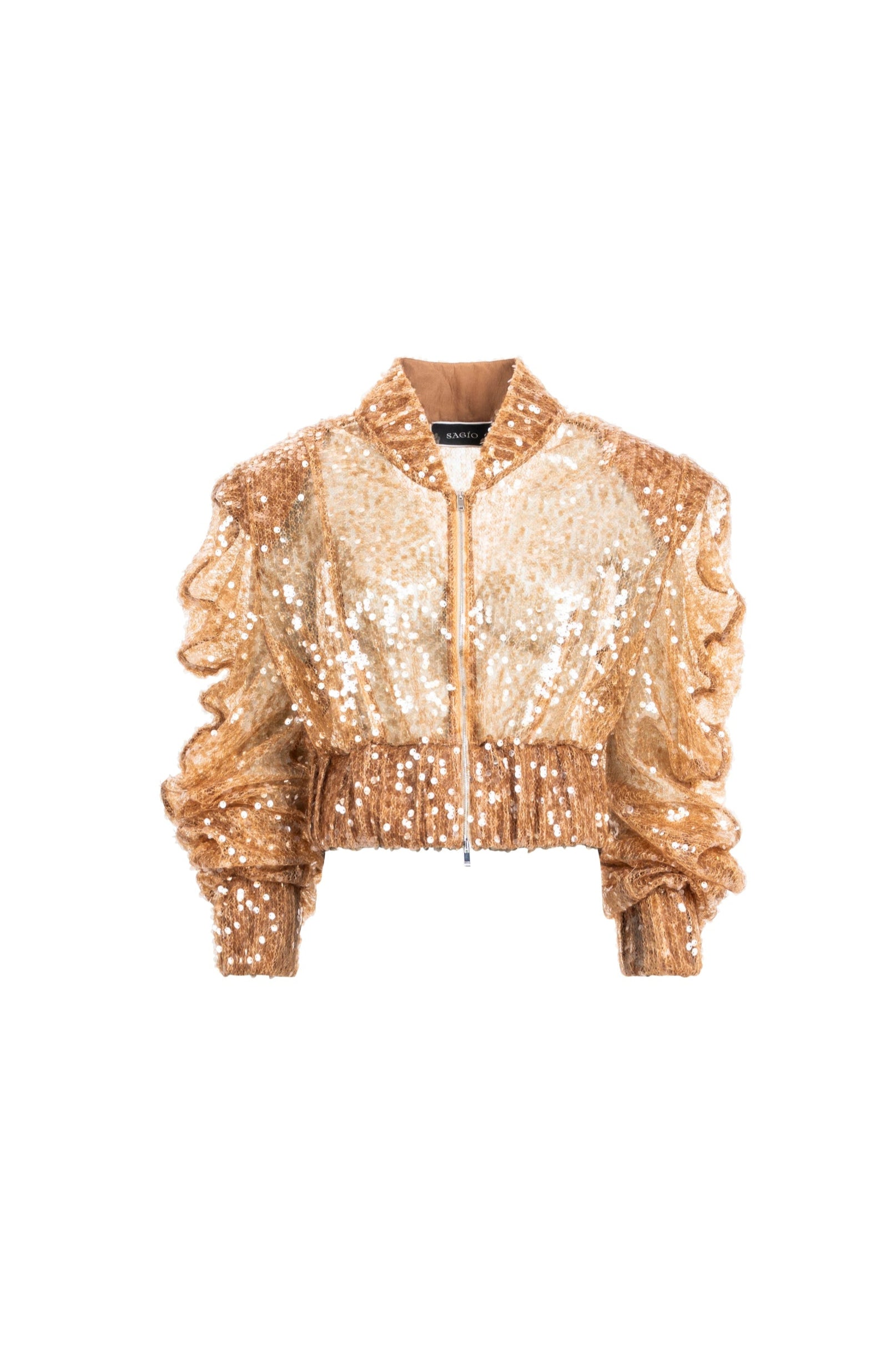 Women’s gold sequin cropped jacket with ruched sleeves and front zip
