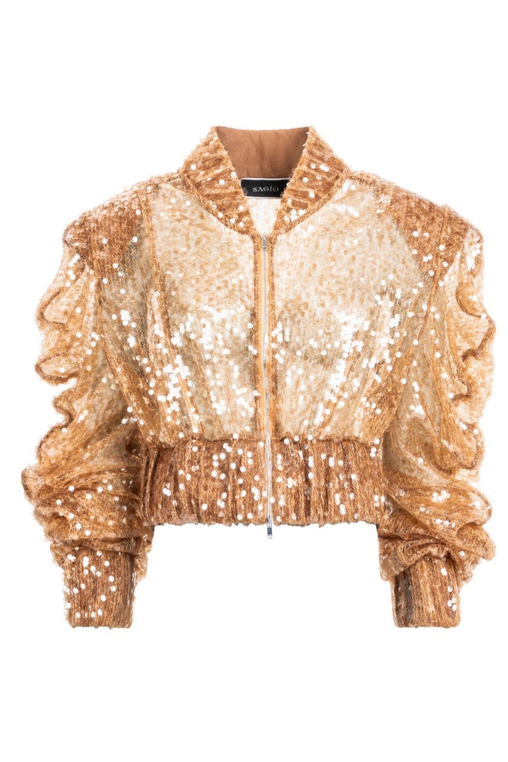 Women’s gold sequin cropped jacket with ruched sleeves and front zip