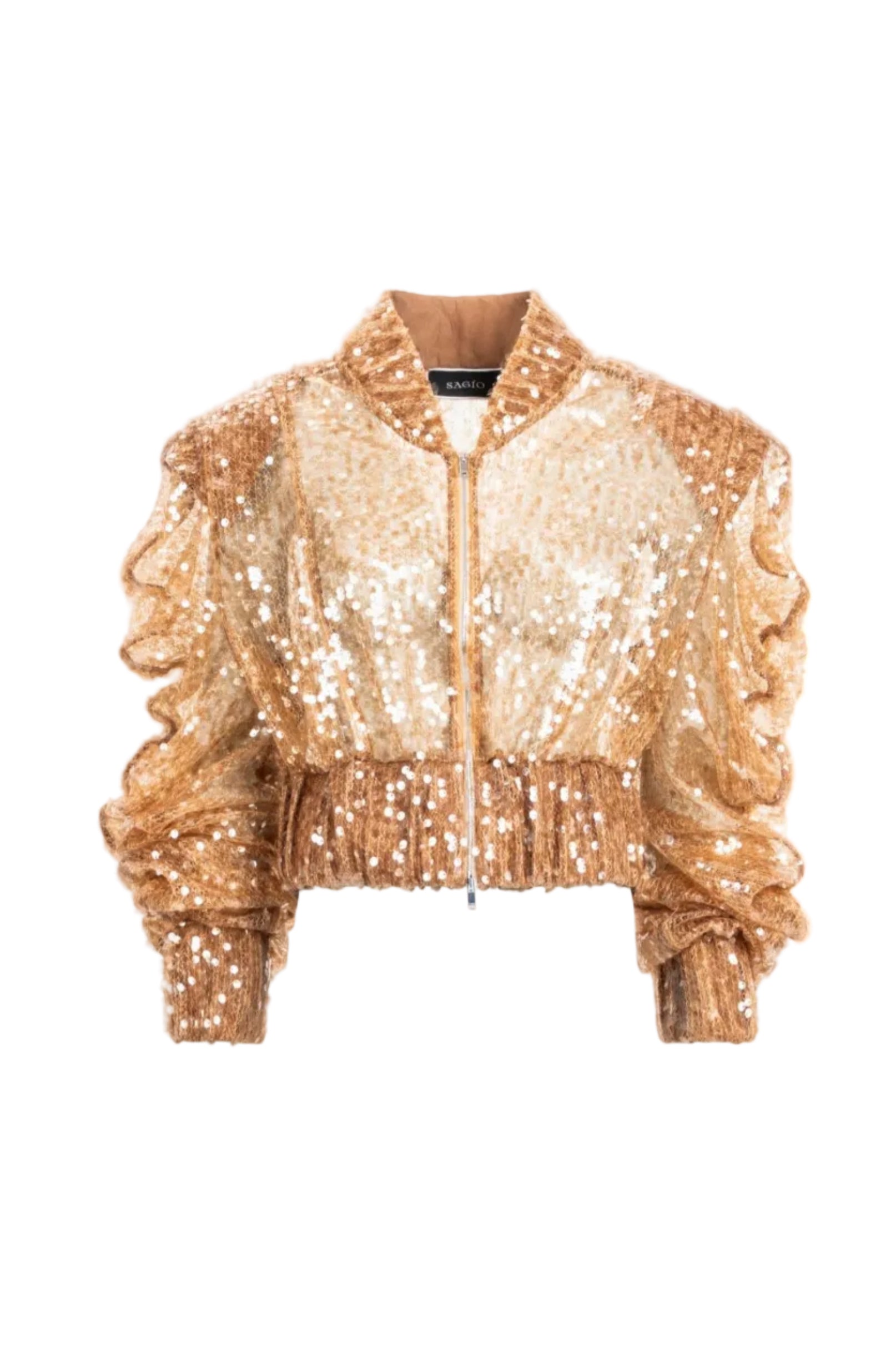 Women’s gold sequin cropped jacket with ruched sleeves and front zip