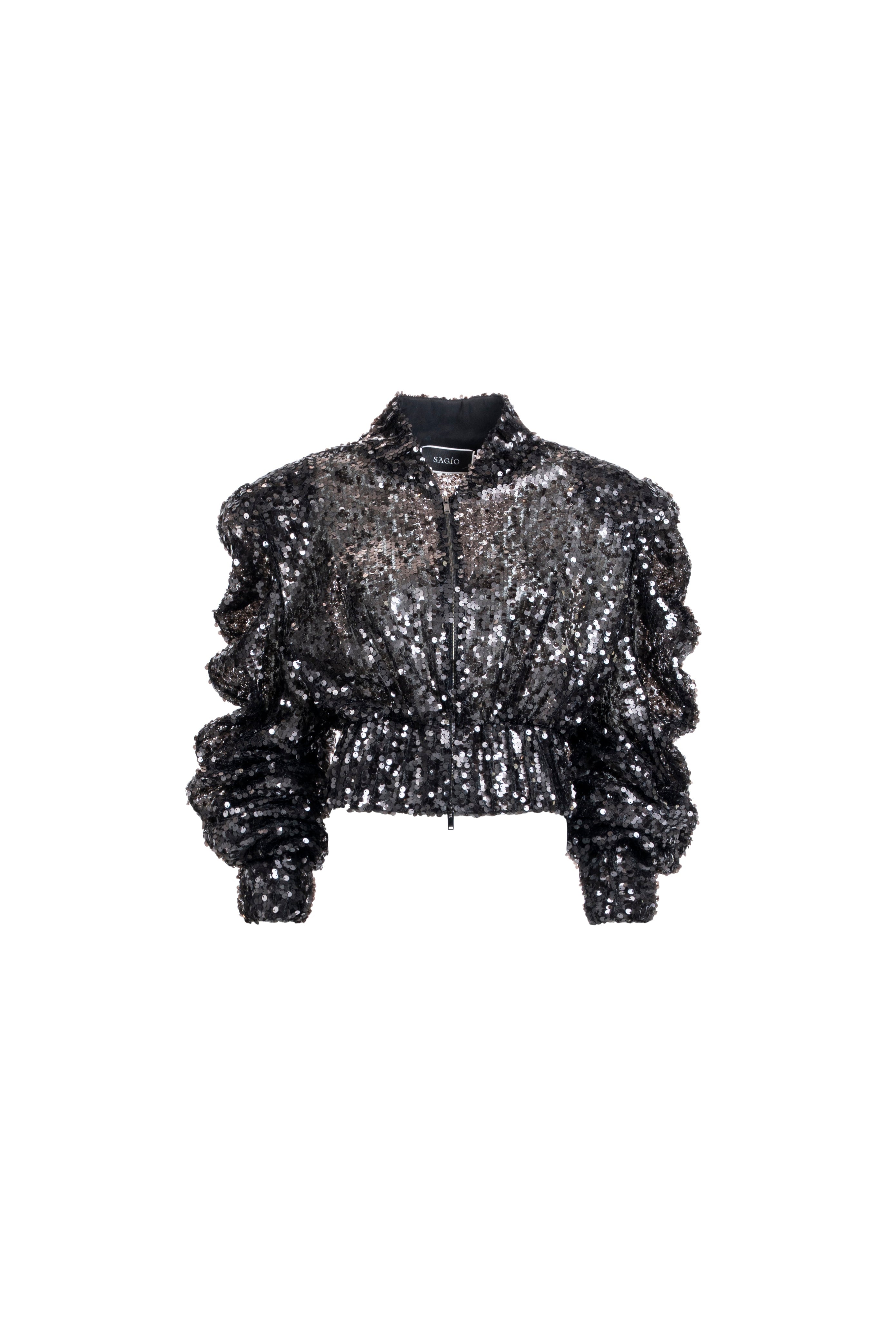 SAGIO women's black sequin cropped jacket with ruched sleeves and front zip.
