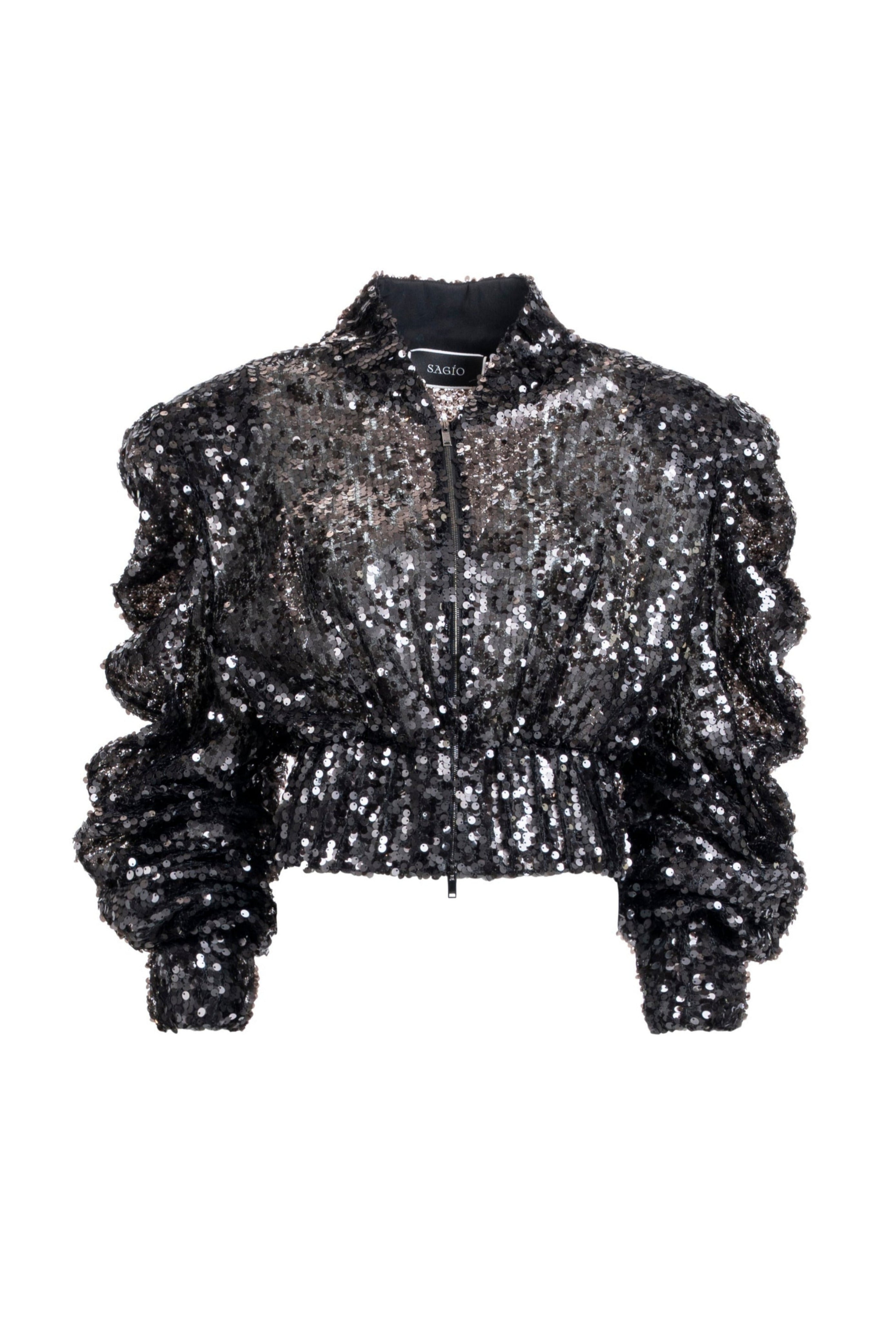 SAGIO women's black sequin cropped jacket with ruched sleeves and front zip.
