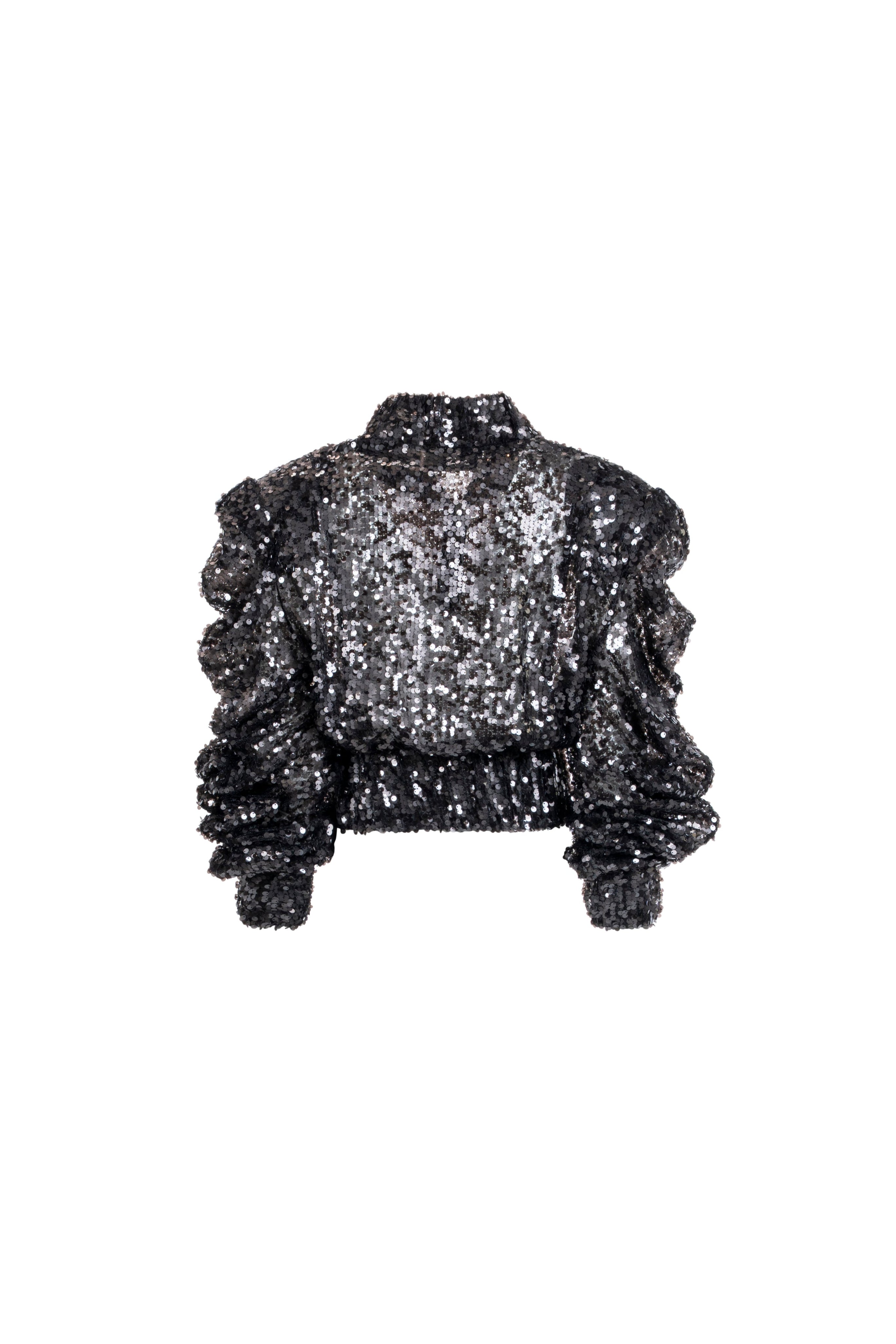 Women’s black sequin cropped jacket, back view with ruched sleeves