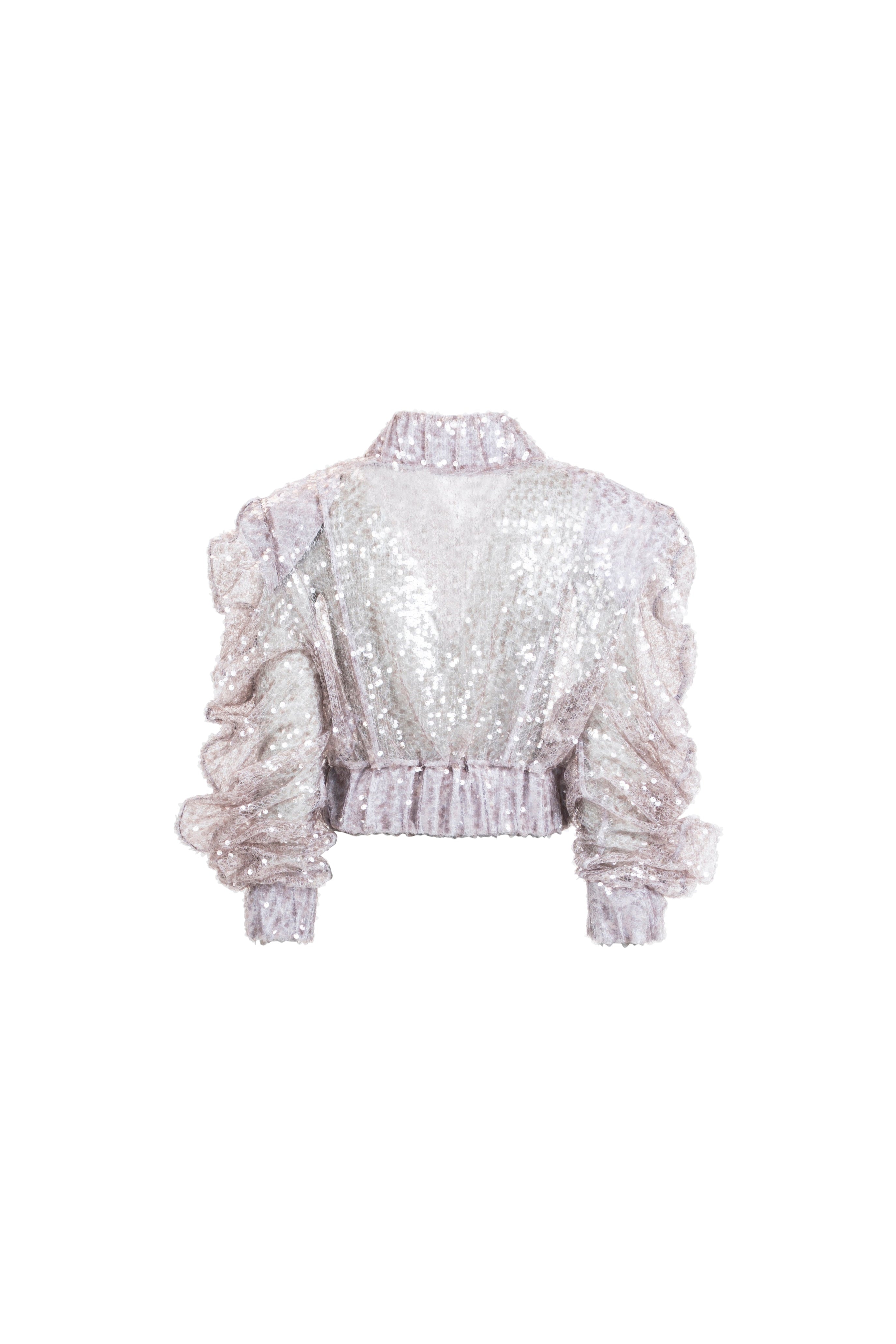 Women’s silver sequin cropped jacket, back view with ruched sleeves and elastic hem