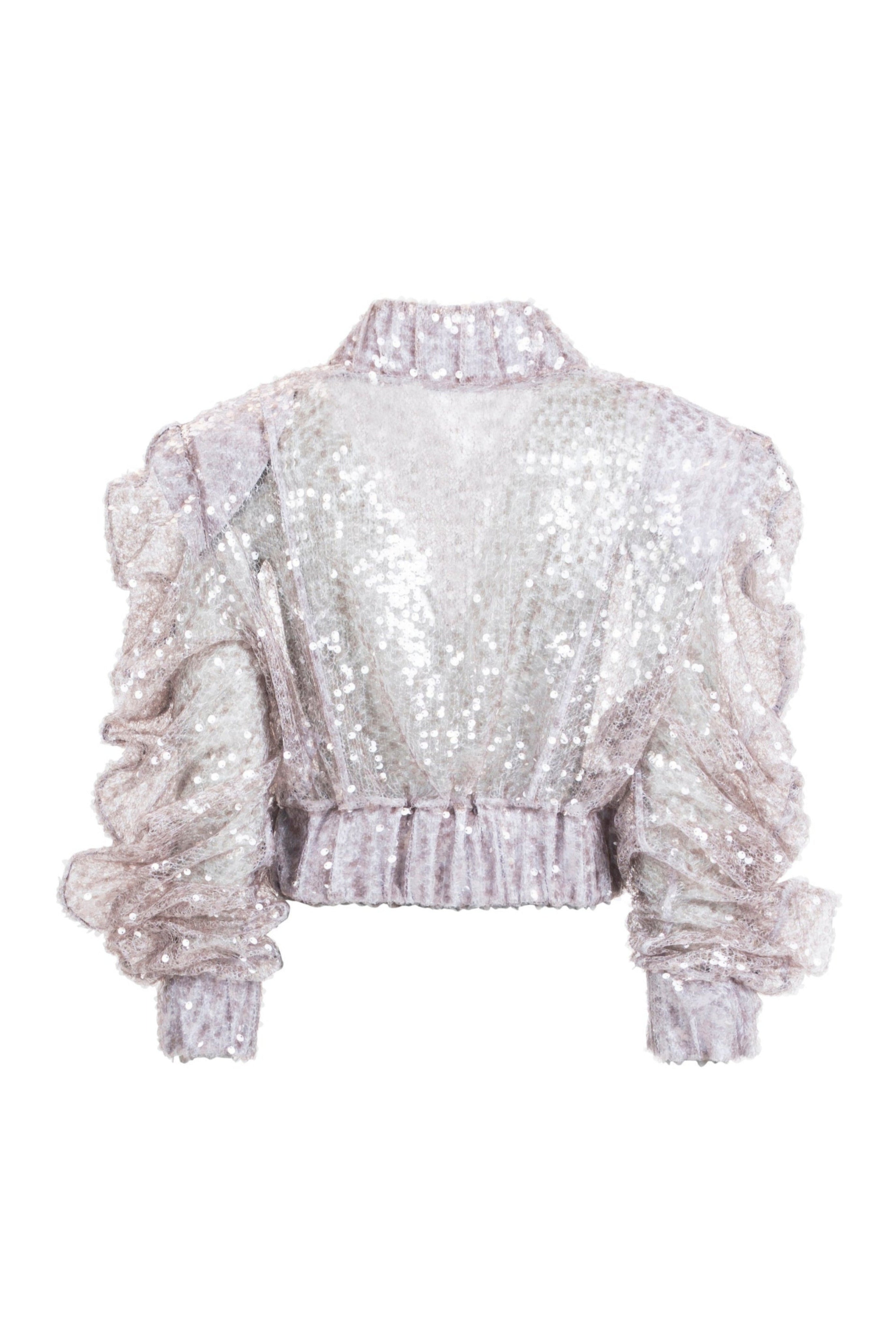 Women’s silver sequin cropped jacket, back view with ruched sleeves and elastic hem