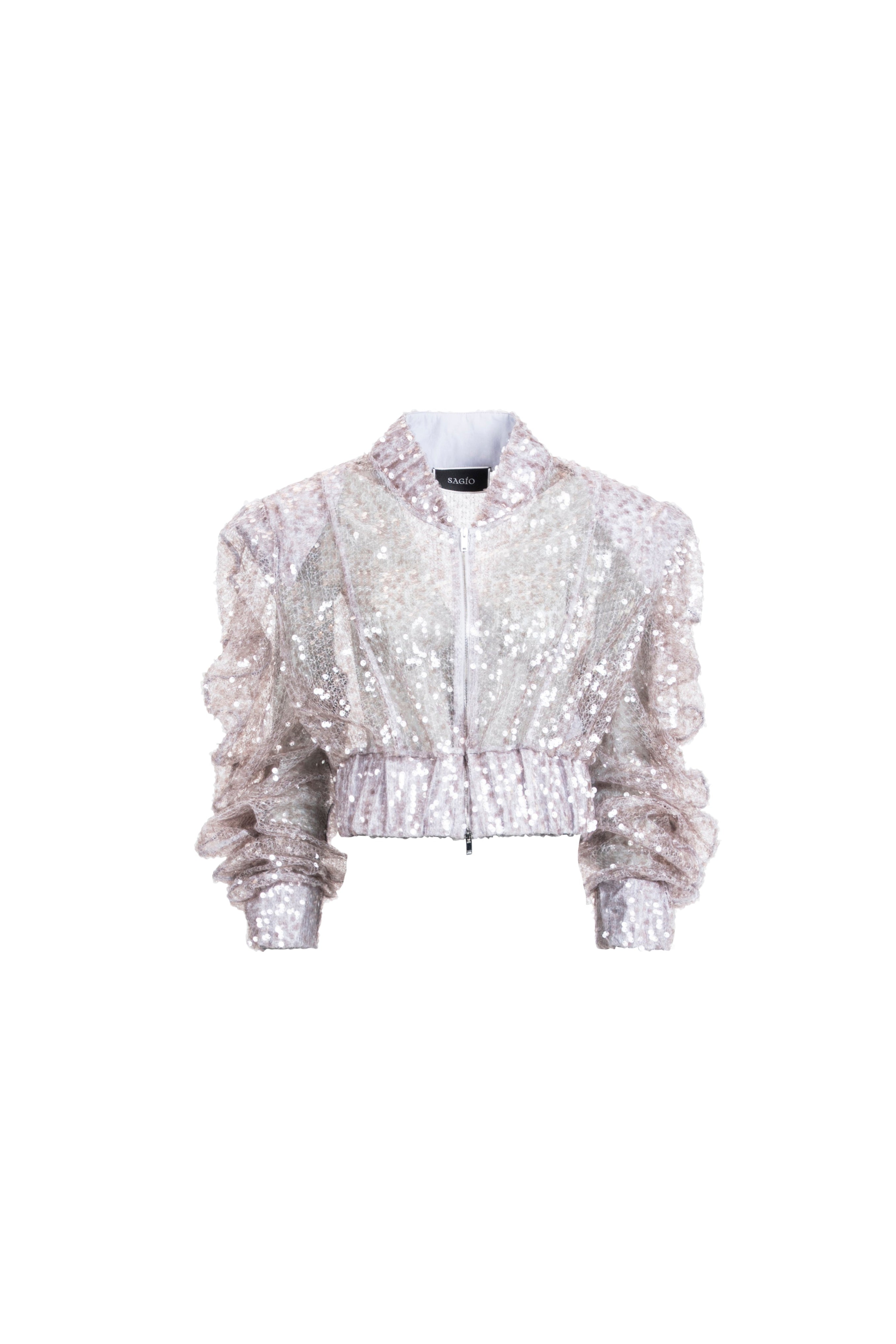 Women’s silver sequin cropped jacket with ruched sleeves and front zip