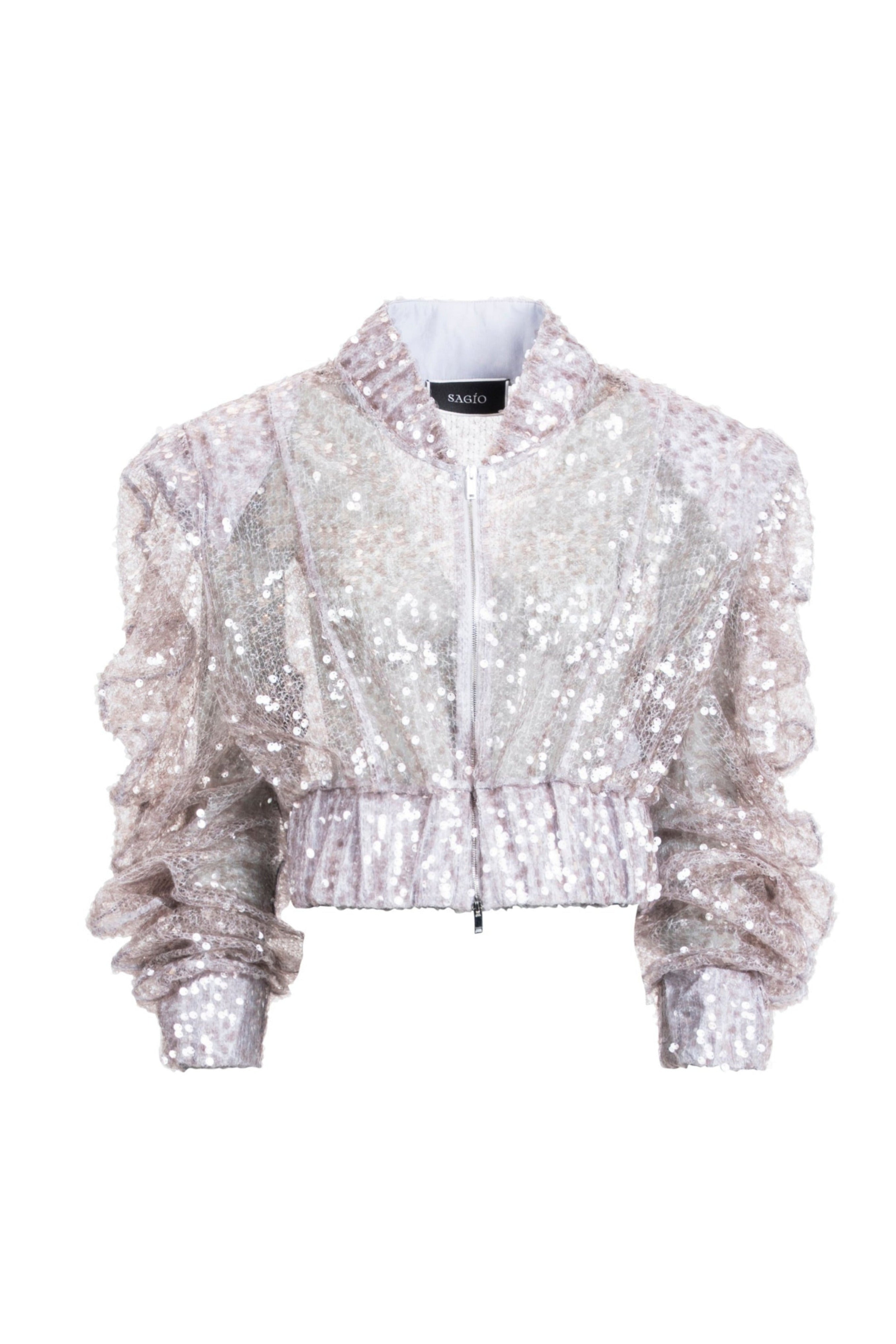 Women’s silver sequin cropped jacket with ruched sleeves and front zip