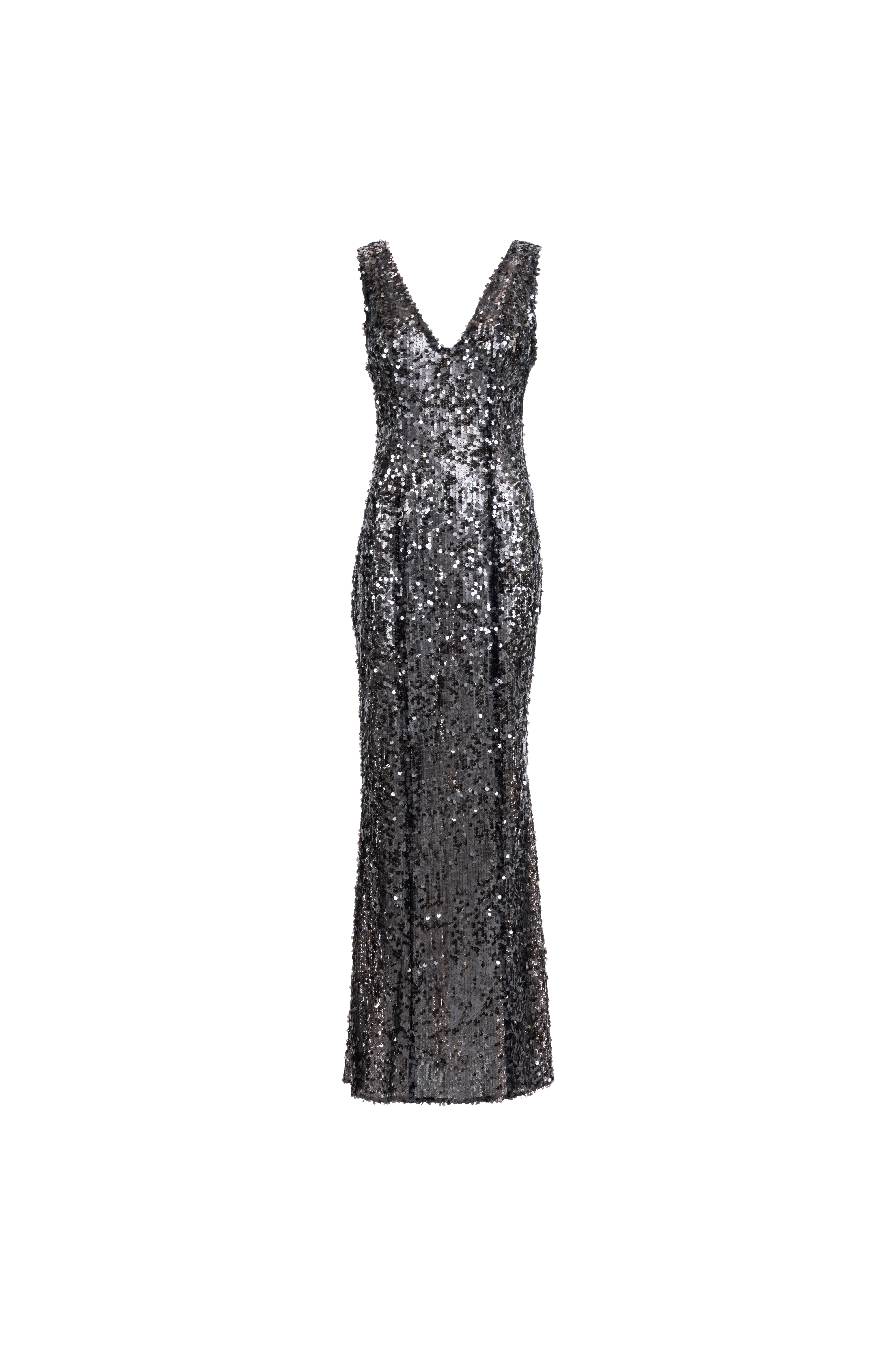 Naked Shimmer Dress in black; V-neck sequin column gown with floor-length hem