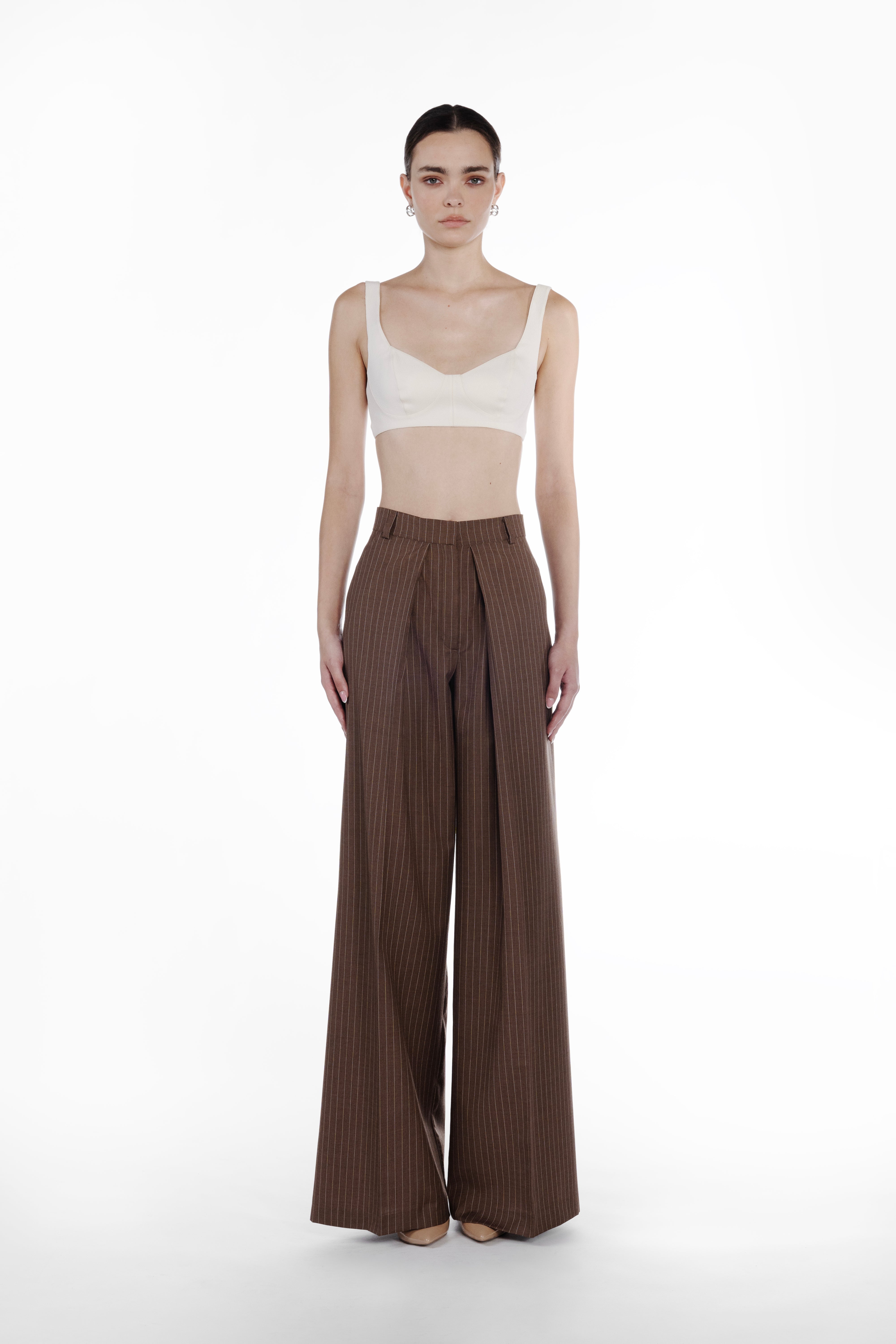 Deep Folds Stripes Palazzo in Brown, front view, striped virgin wool palazzo trousers with deep front folds and elongated tailored silhouette