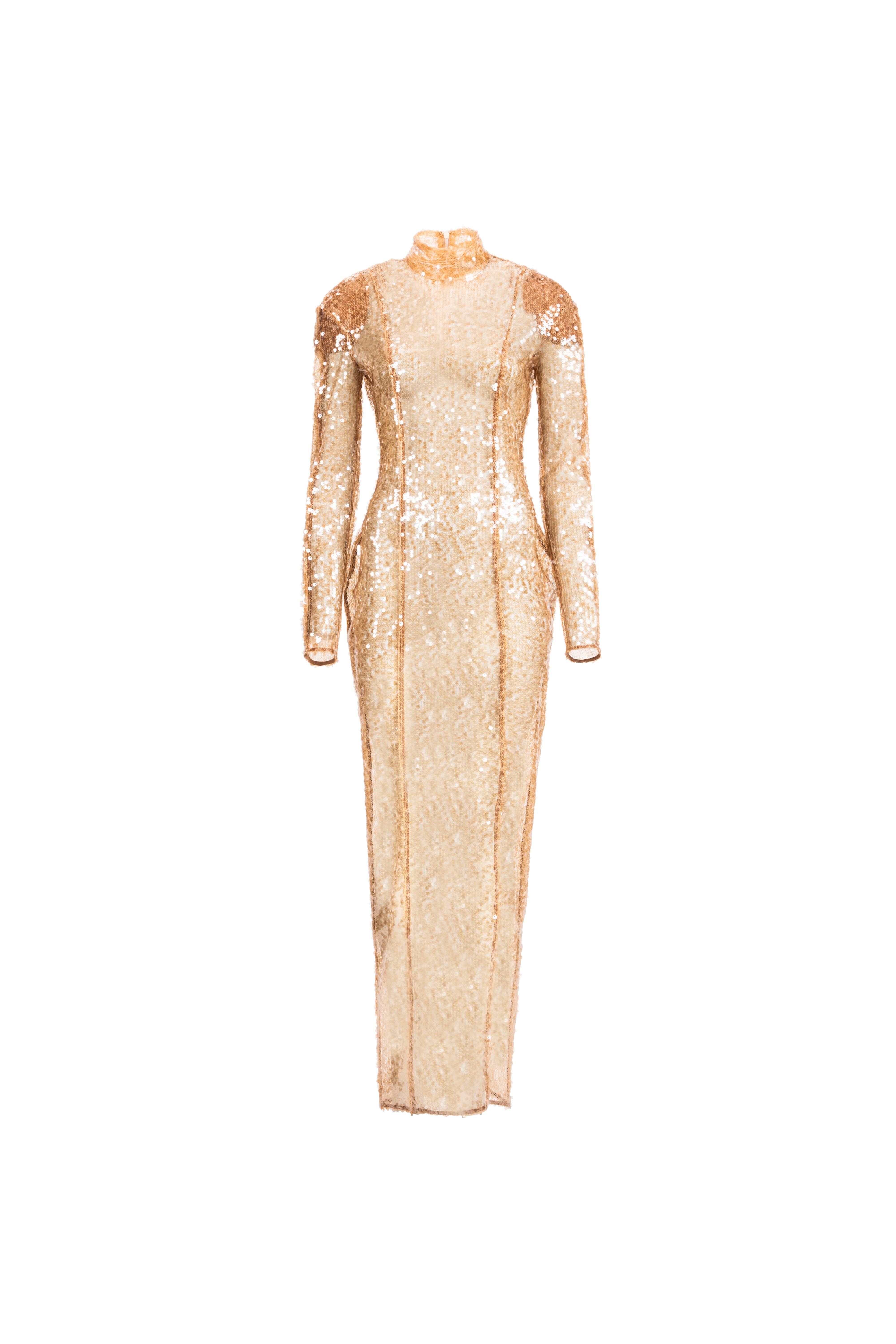 Long-sleeve high-neck gold sequin column dress, front view.