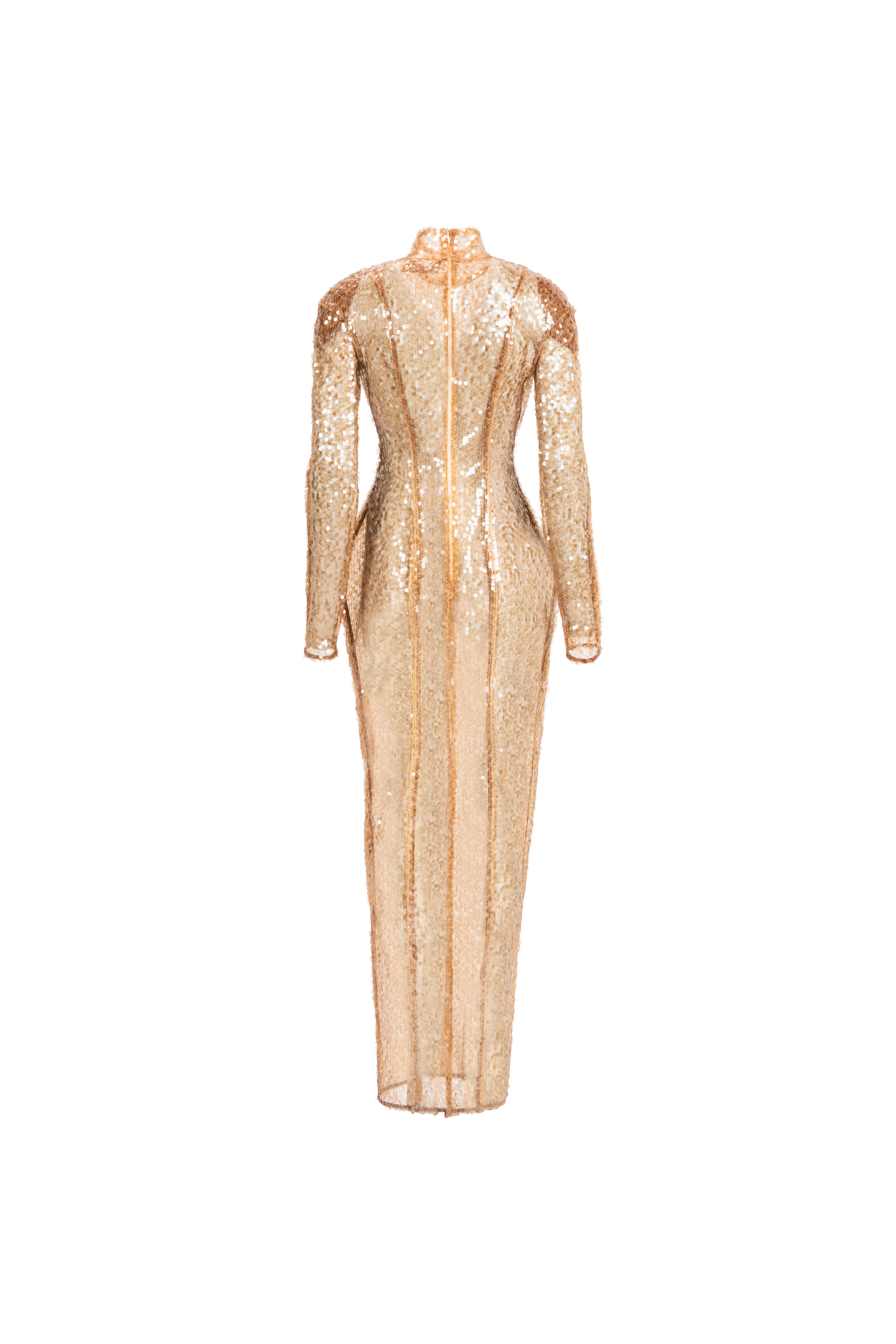 Long-sleeve high-neck gold sequin column dress, back view with zipper and slit.