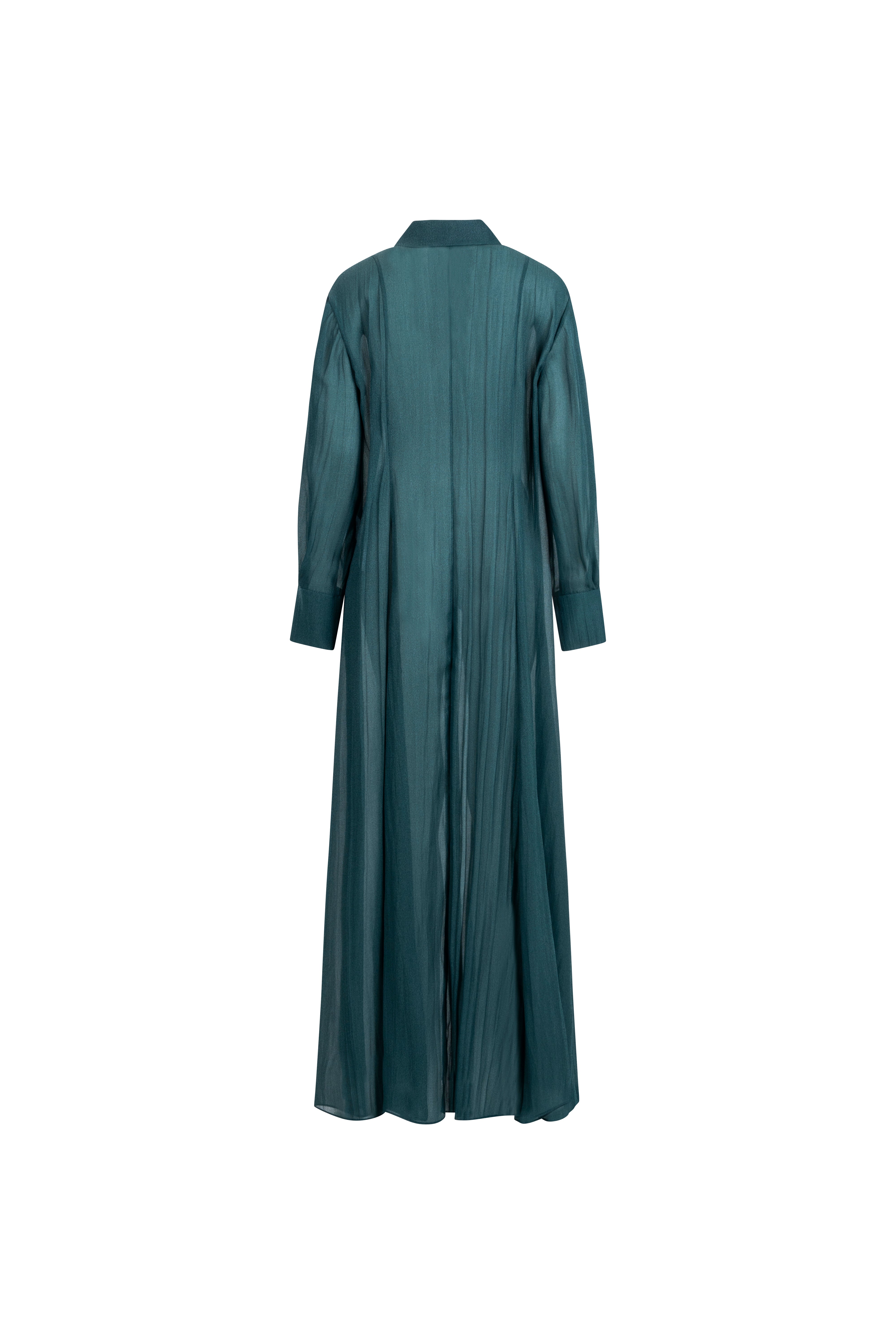 Deep Green silk long shirt dress, maxi length, tailored back seams.