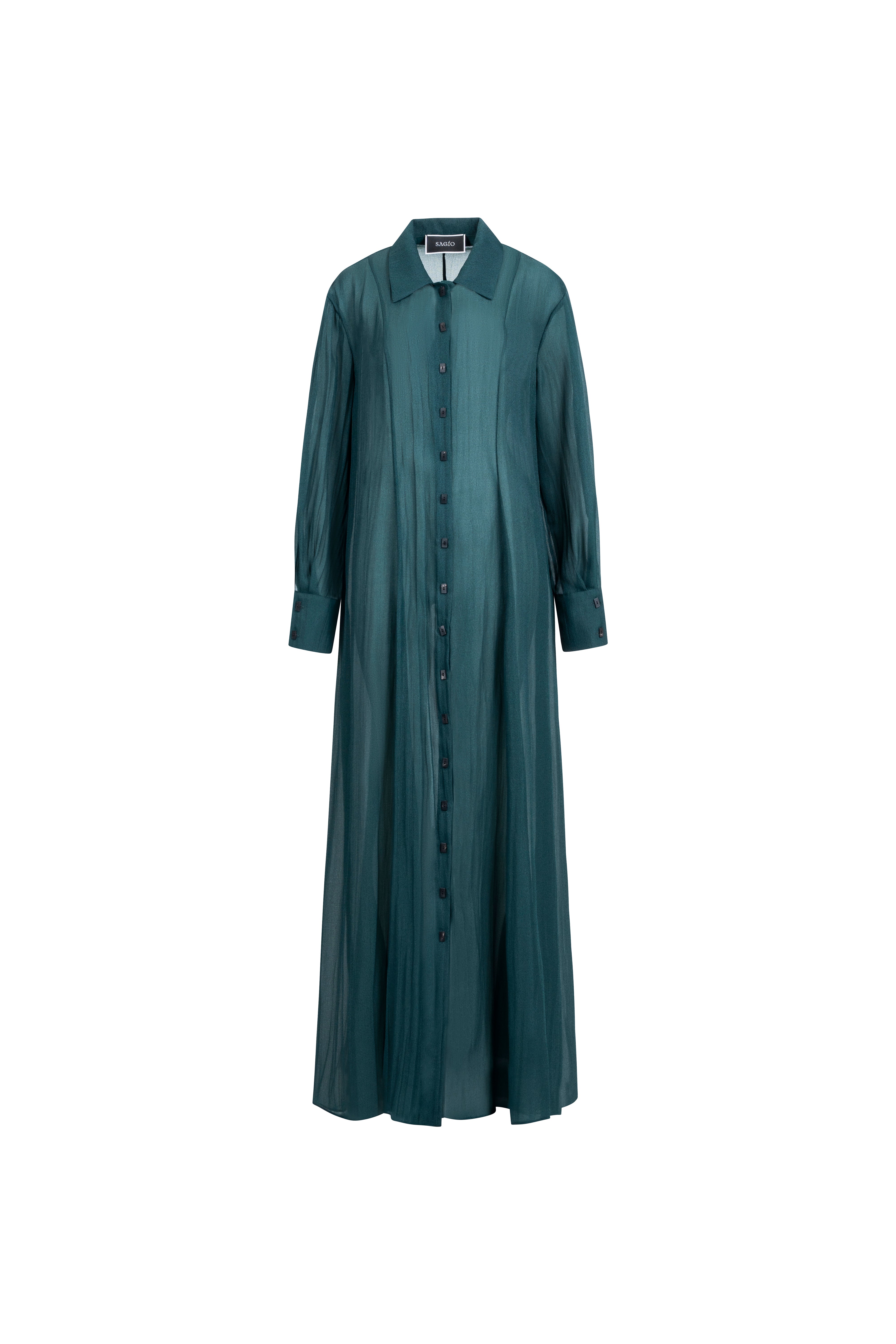 Deep Green silk long shirt dress, button-front, maxi length.
