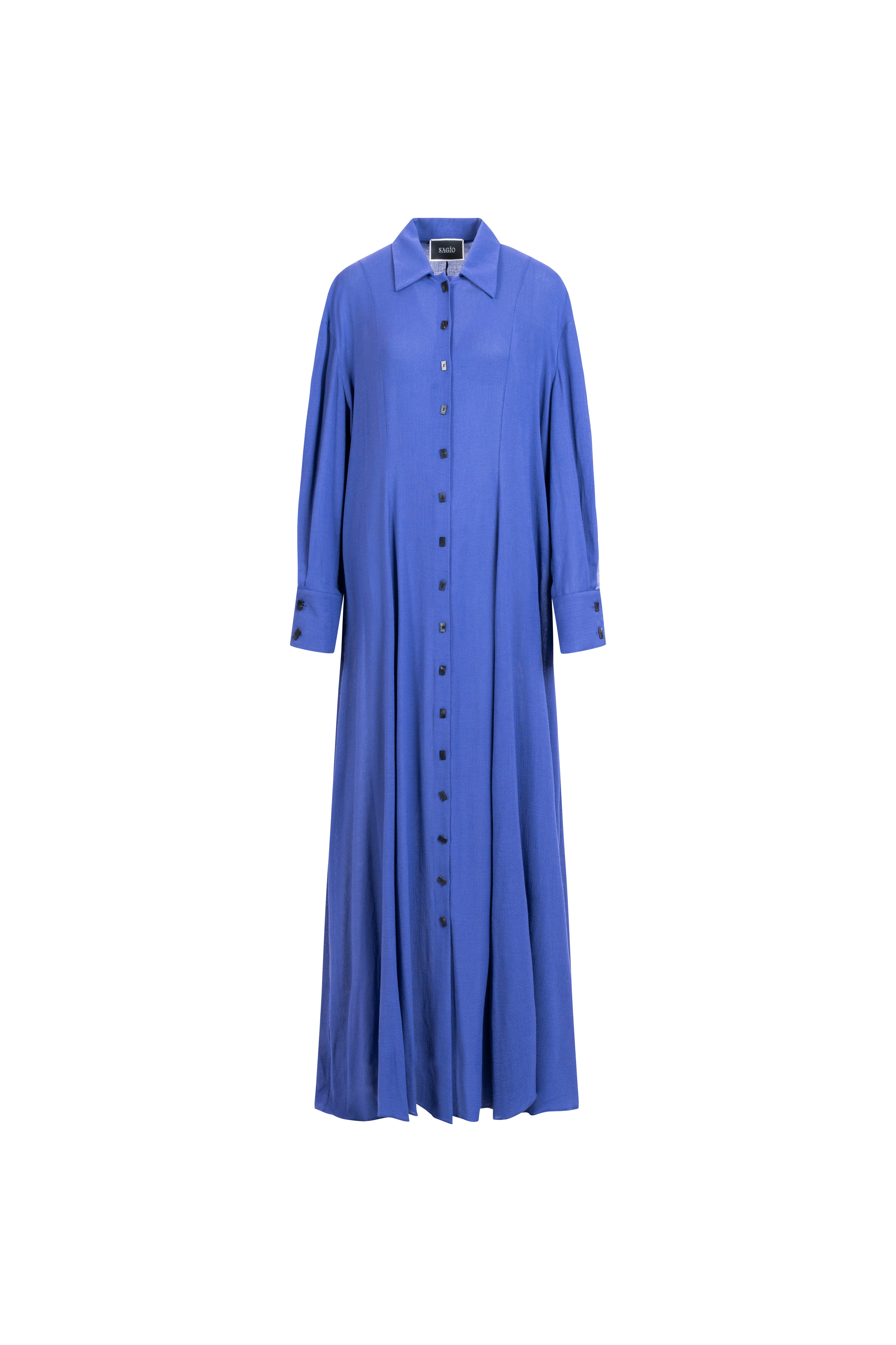Cobalt Blue silk long shirt dress, button-front, maxi length.