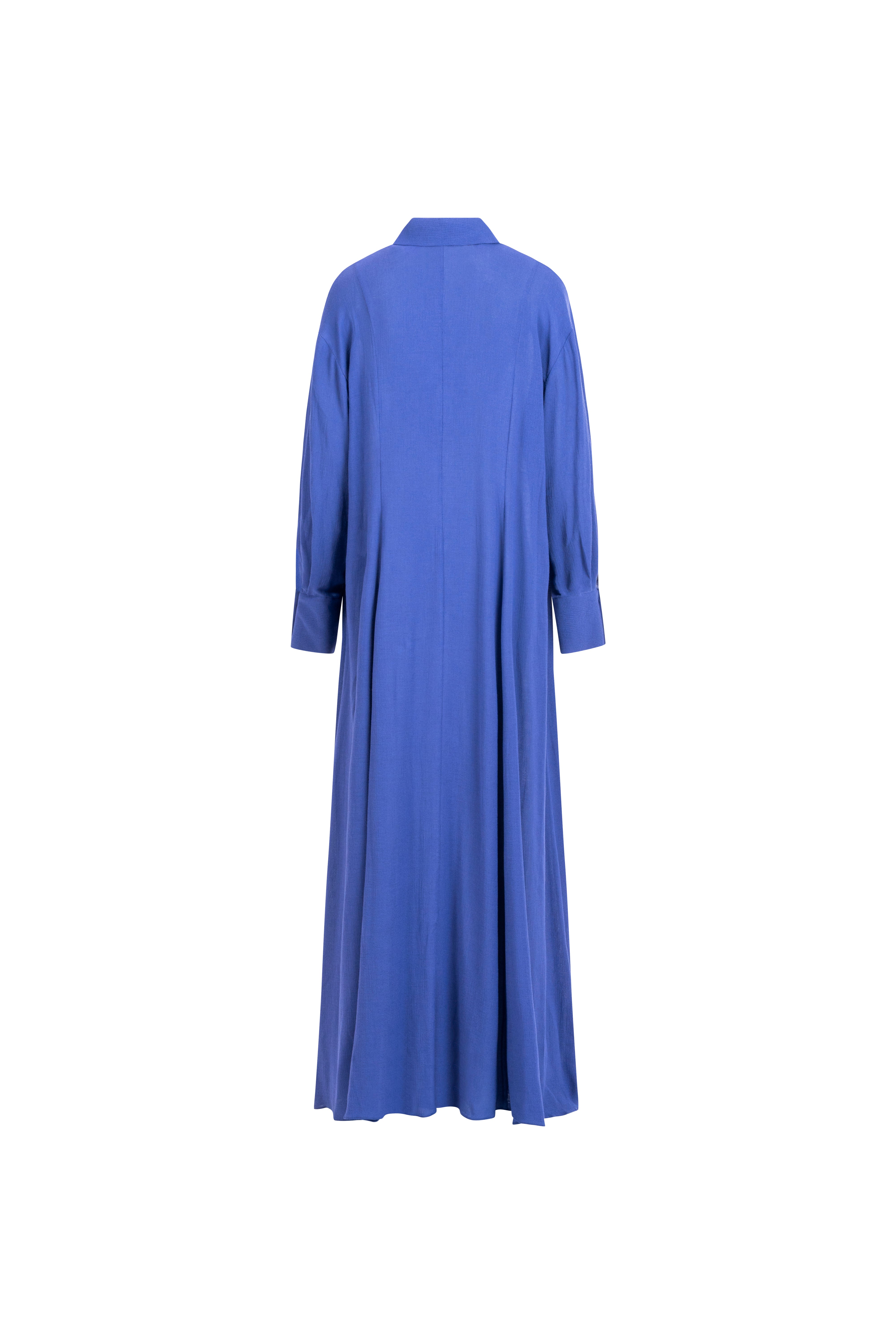 Cobalt Blue silk long shirt dress, maxi length, soft drape.