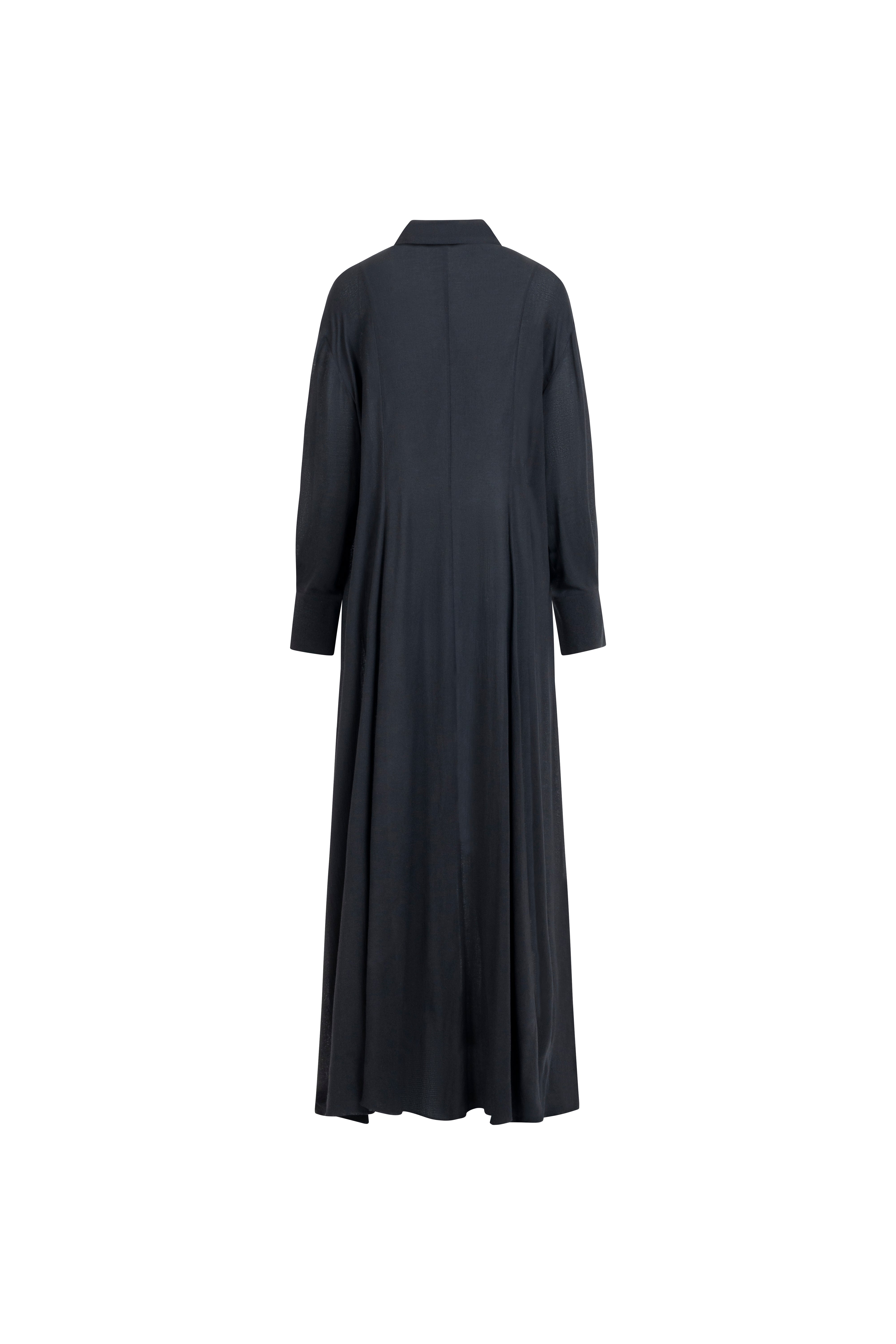 Black silk long shirt dress, maxi length, clean back panels.