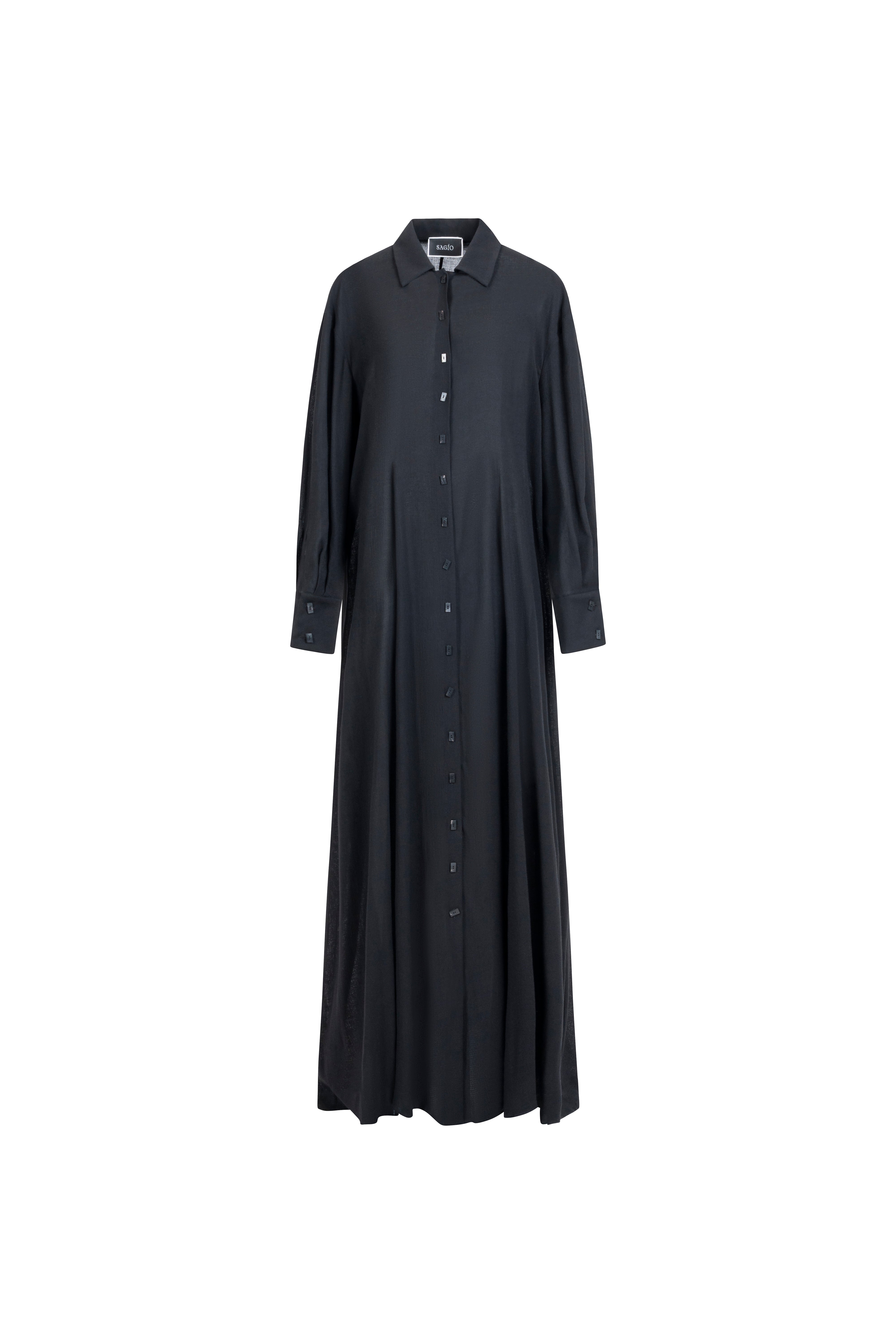 Black silk long shirt dress, button-front, maxi length.