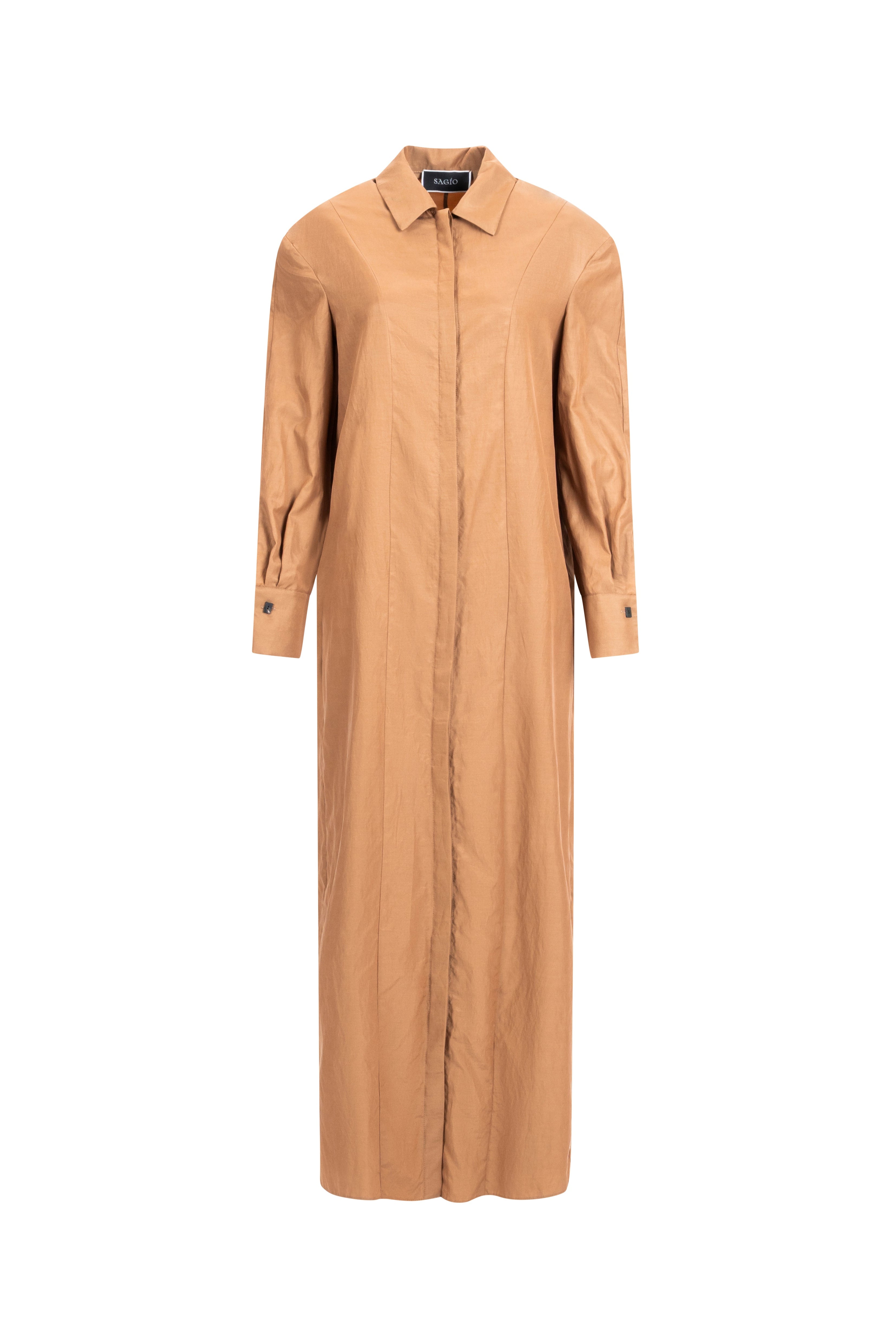 Light Brown long shirt dress, front view; button-front maxi with long sleeves and cuffs, architectural seaming, ankle length.