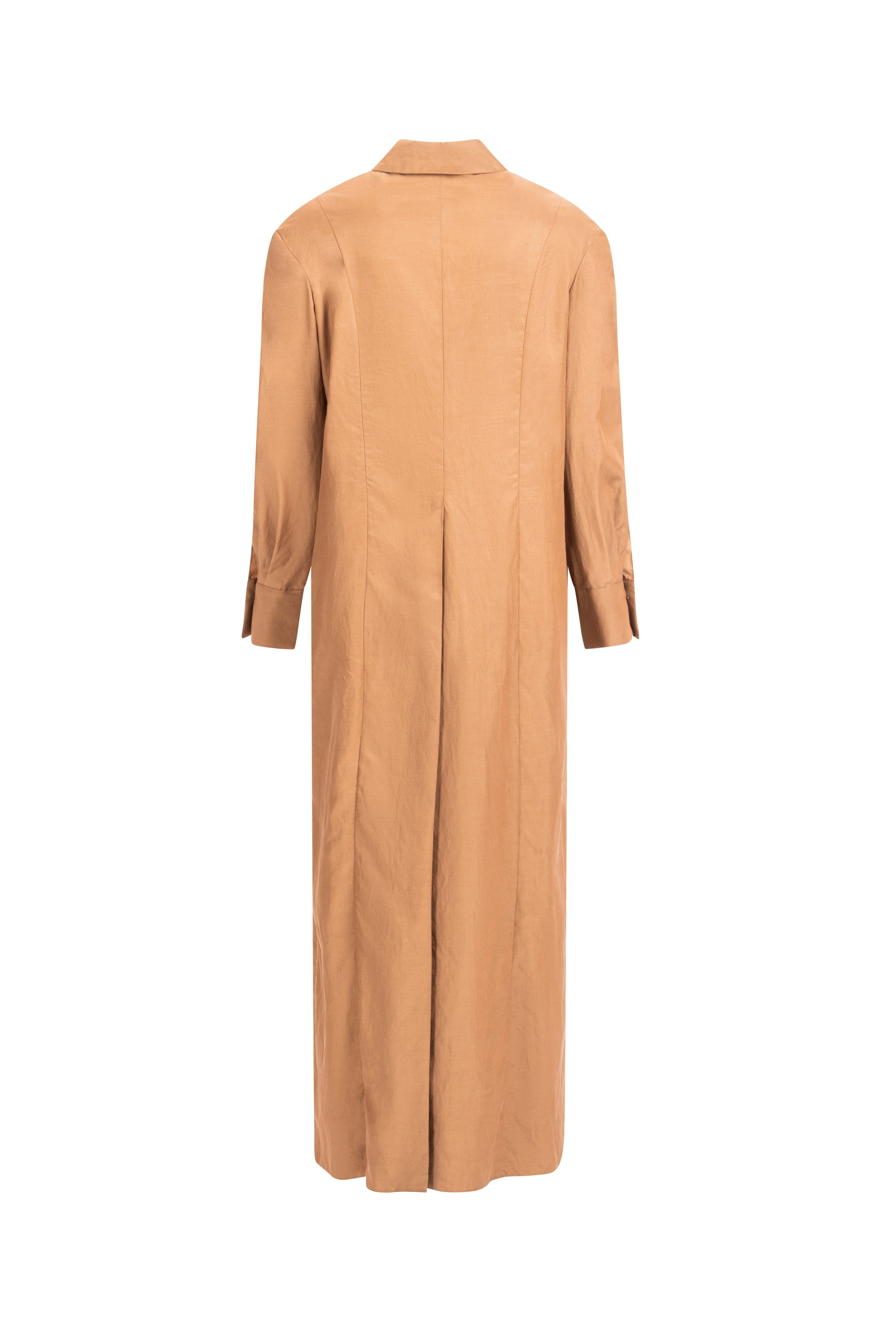 Light Brown long shirt dress, back view; straight maxi silhouette with vent and sculptural seams, minimalist finish.