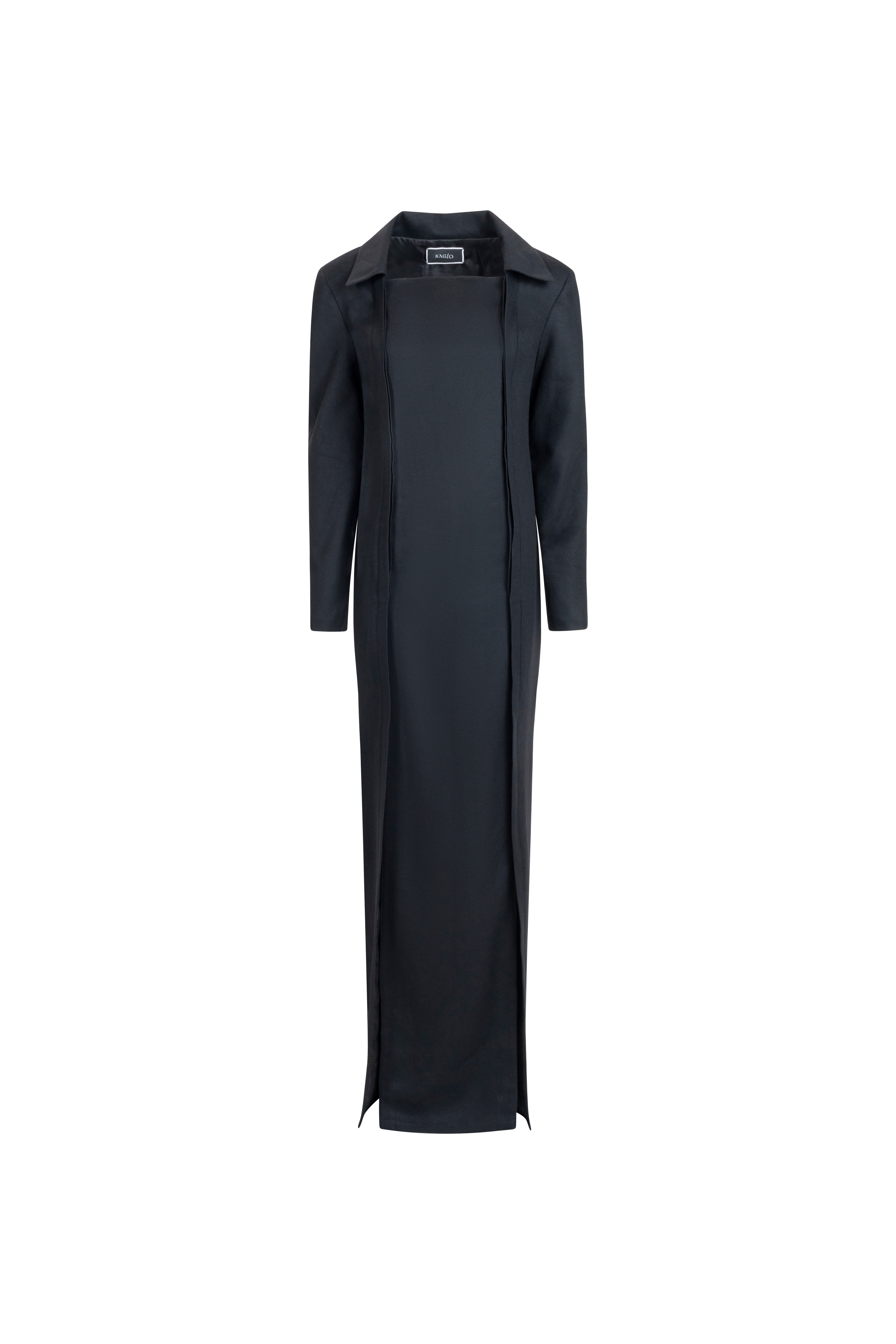 Long Placket Dress in Black, square neckline, maxi length, signature placket.