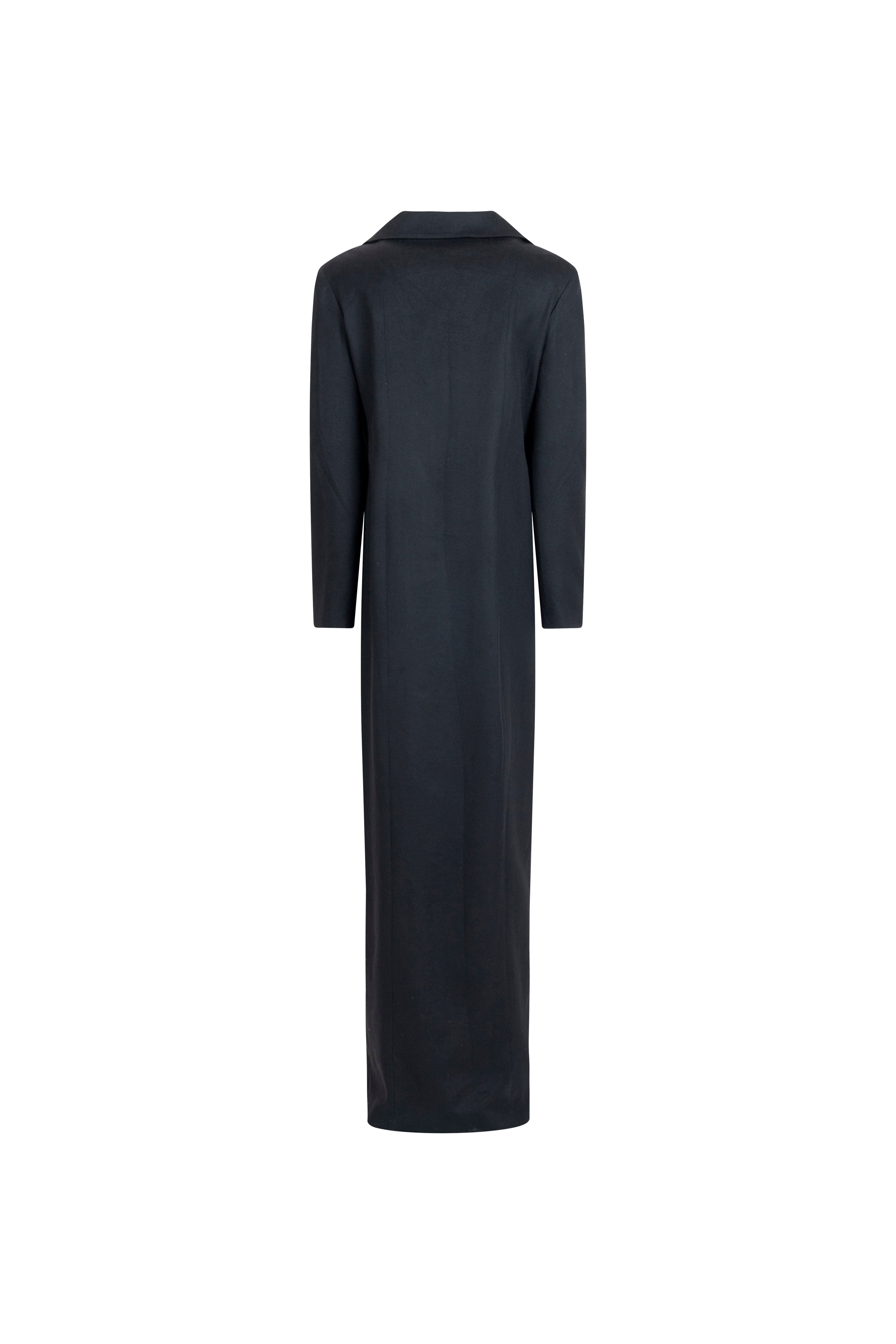 Long Placket Dress in Black, long sleeves and column silhouette.