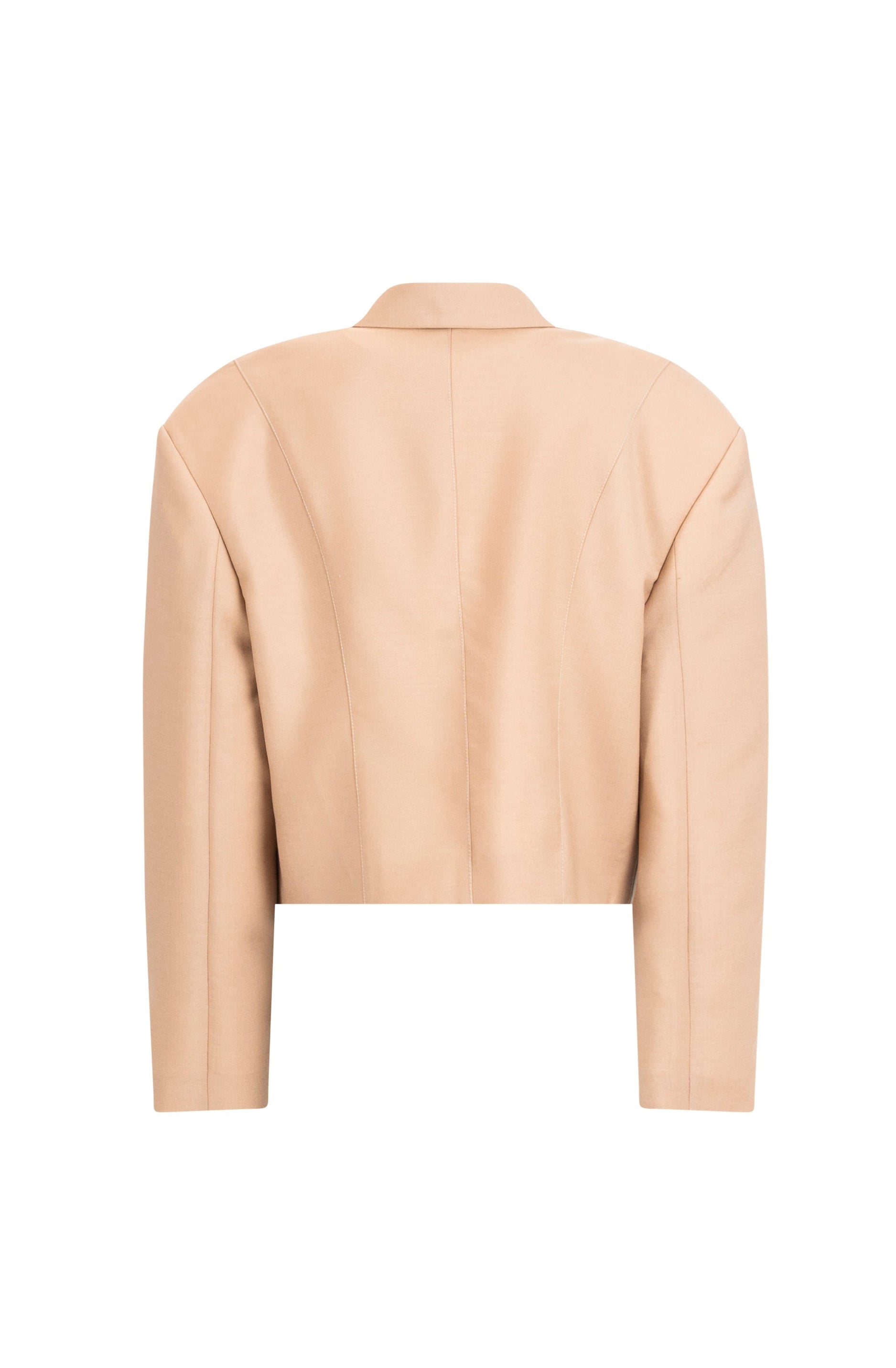 Beige cropped wool blazer with structured seams and falling-shoulder silhouette