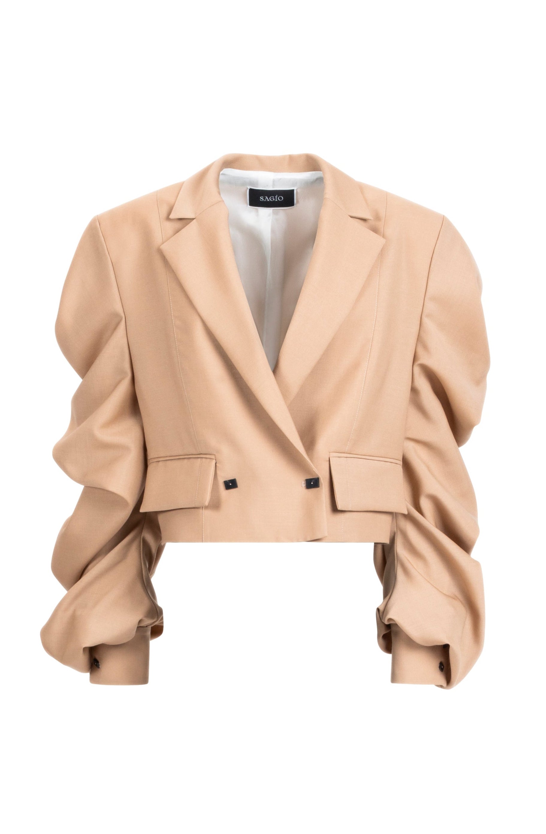 Women’s beige cropped blazer with ruched sleeves, notched lapels and flap pockets