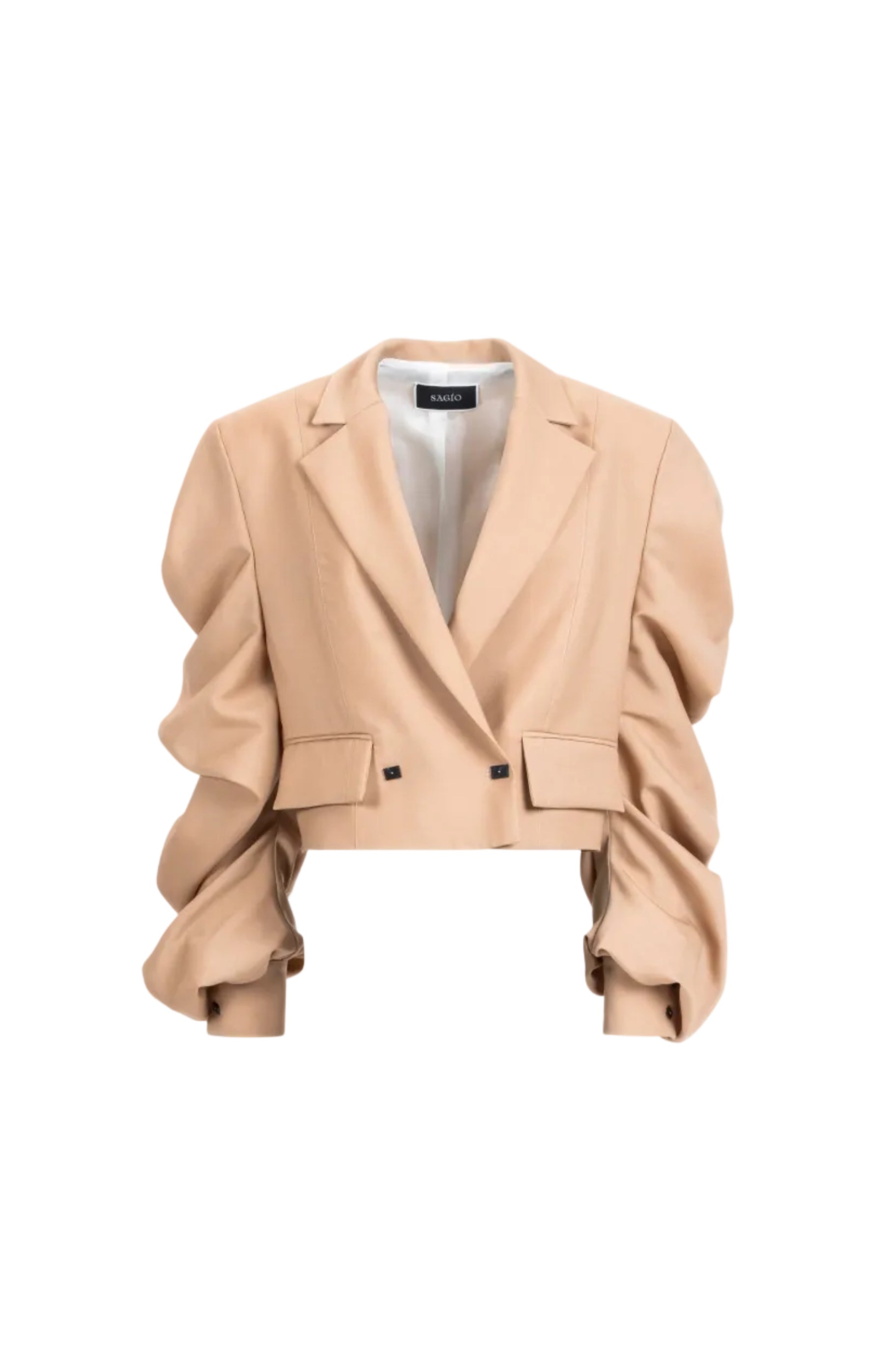 Women’s beige cropped blazer with ruched sleeves, notched lapels and flap pockets