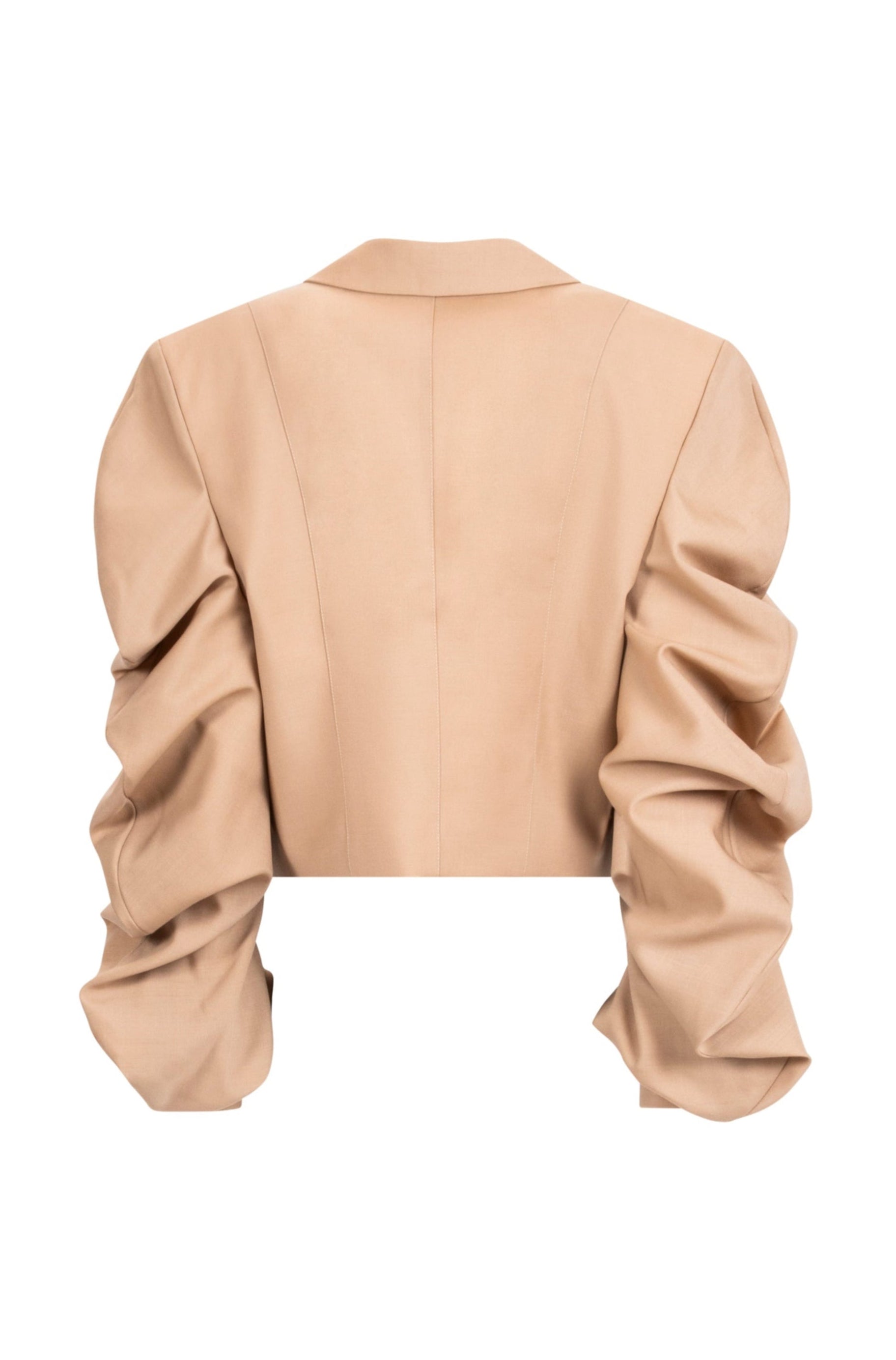 Women’s beige cropped blazer with ruched sleeves