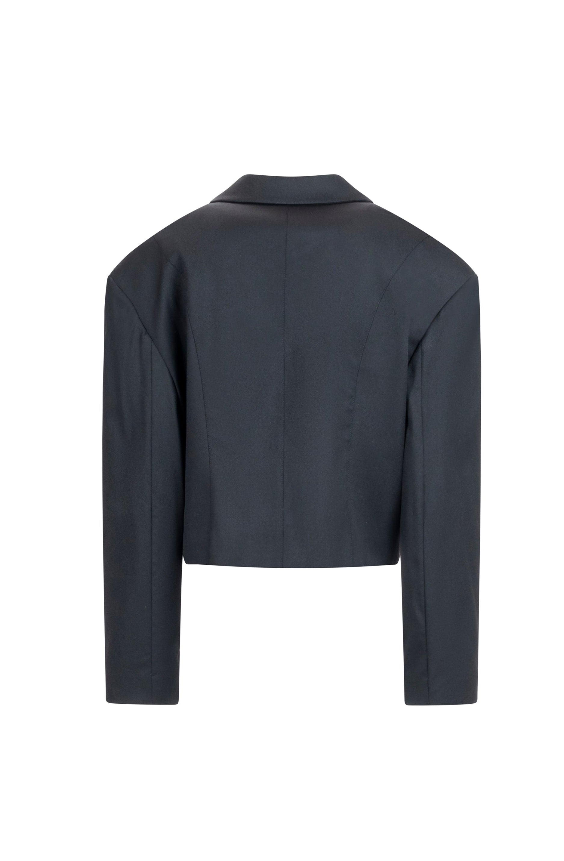 Black cropped wool blazer showing clean paneling and dropped-shoulder shape