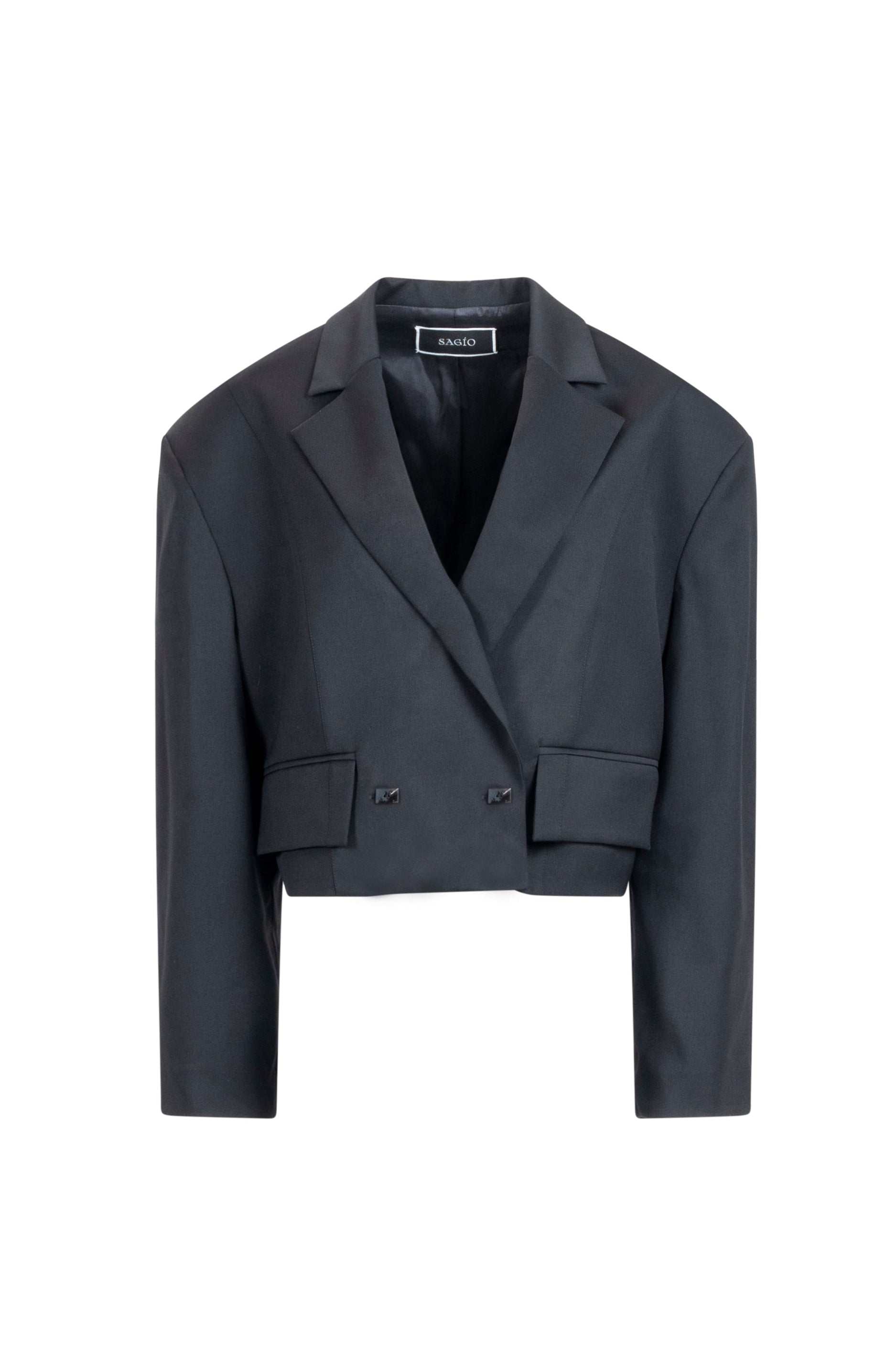 Black cropped wool blazer with sharp lapels and flap pockets
