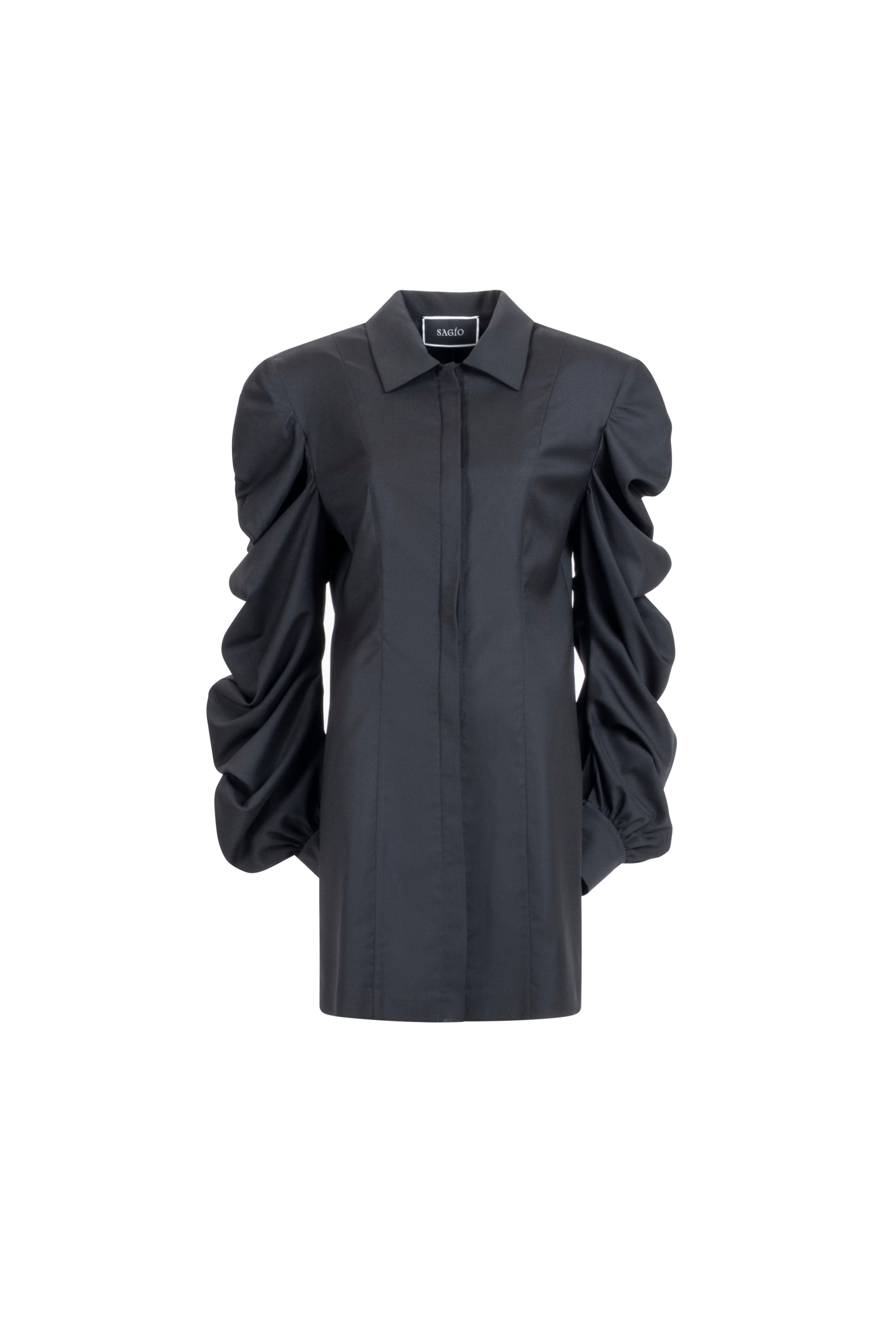 Women’s black wool shirt with sculptural sleeves, concealed placket