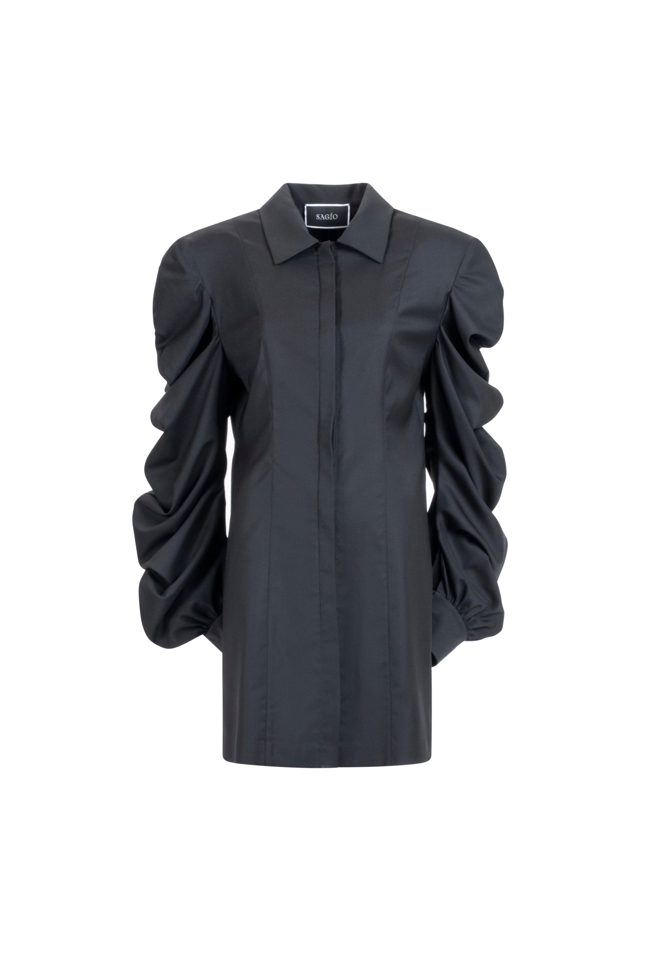 Women’s black wool shirt with sculptural sleeves, concealed placket