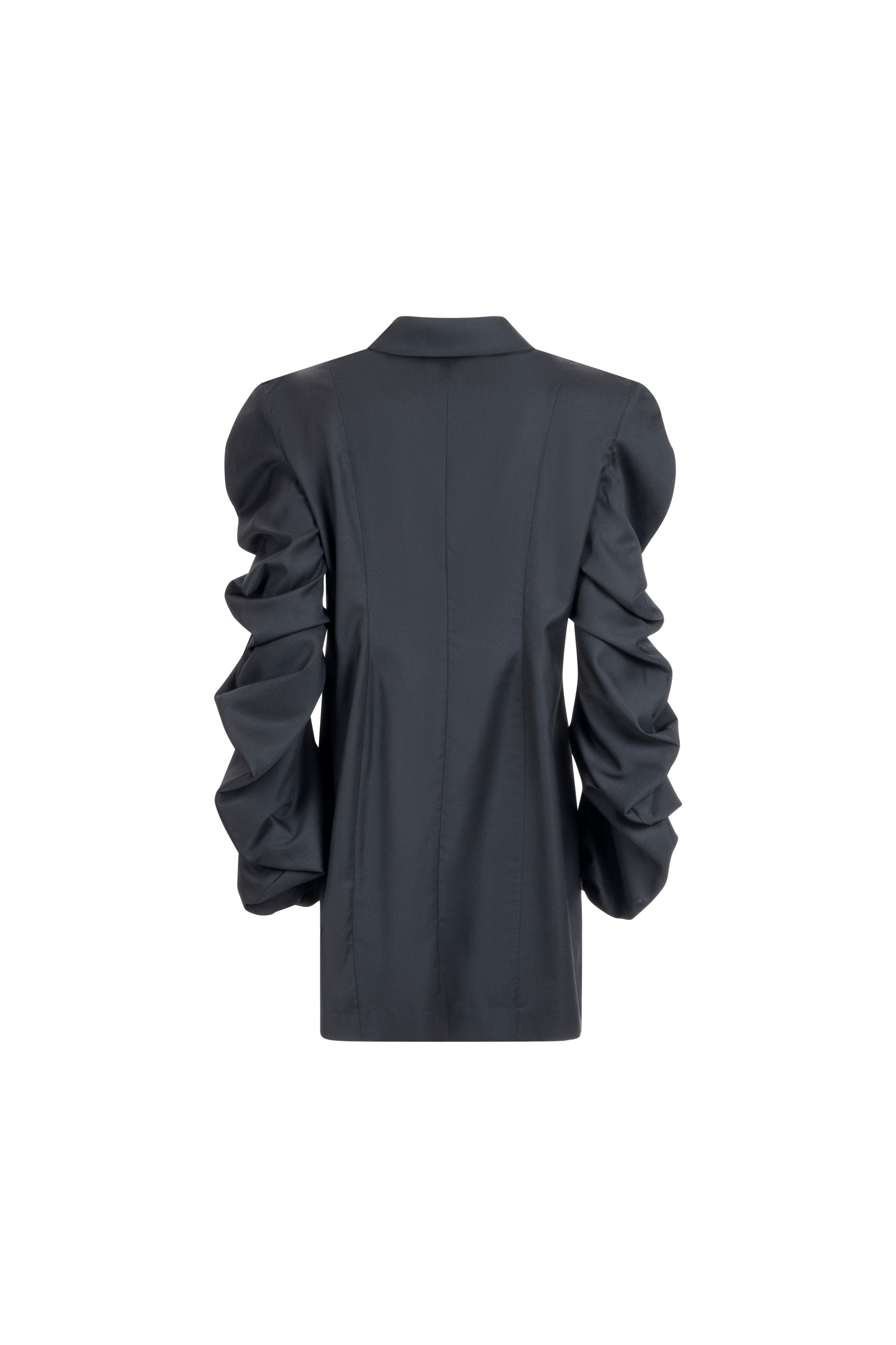 Women’s black wool shirt with sculptural sleeves, back view