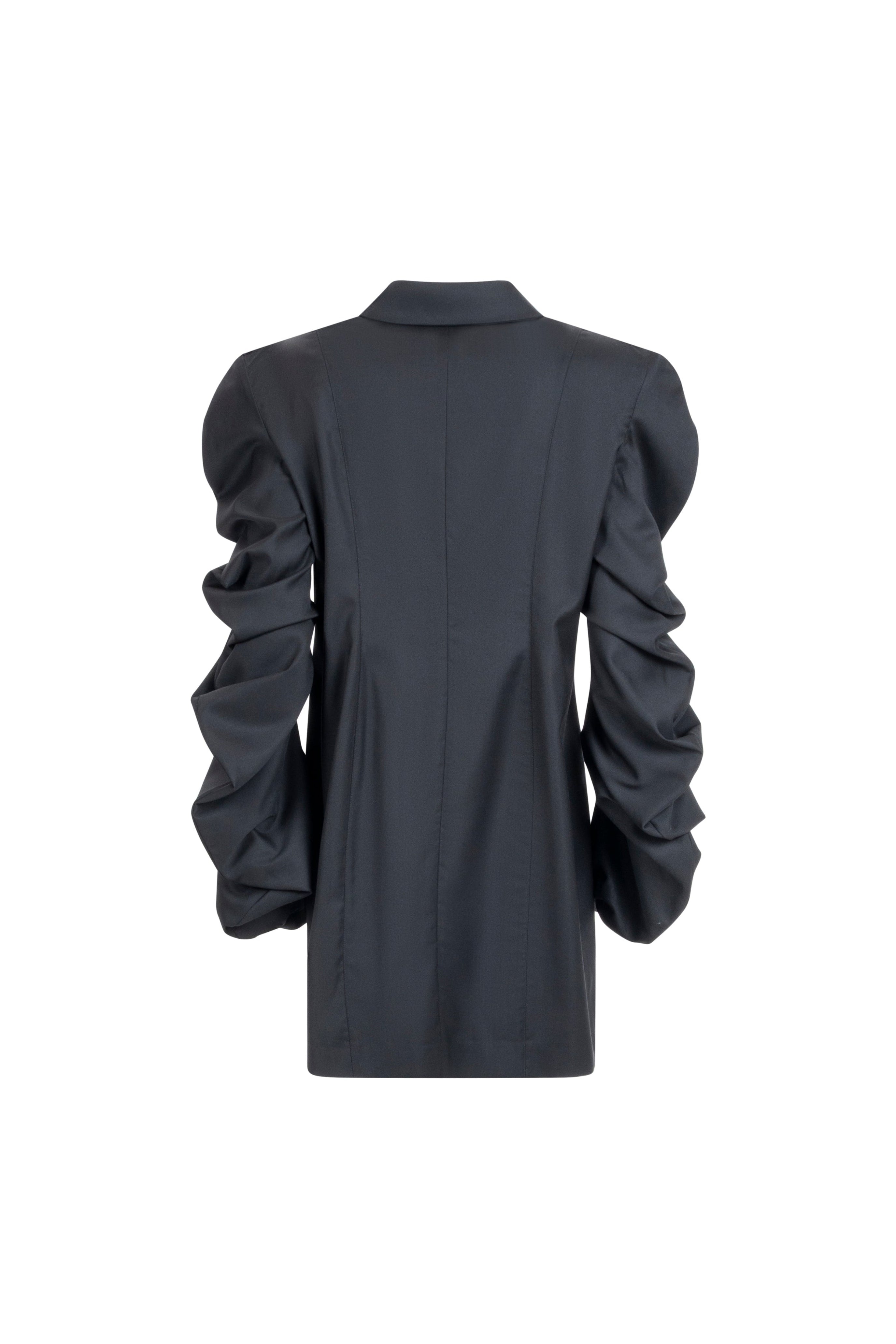 Women’s black wool shirt with sculptural sleeves, back view