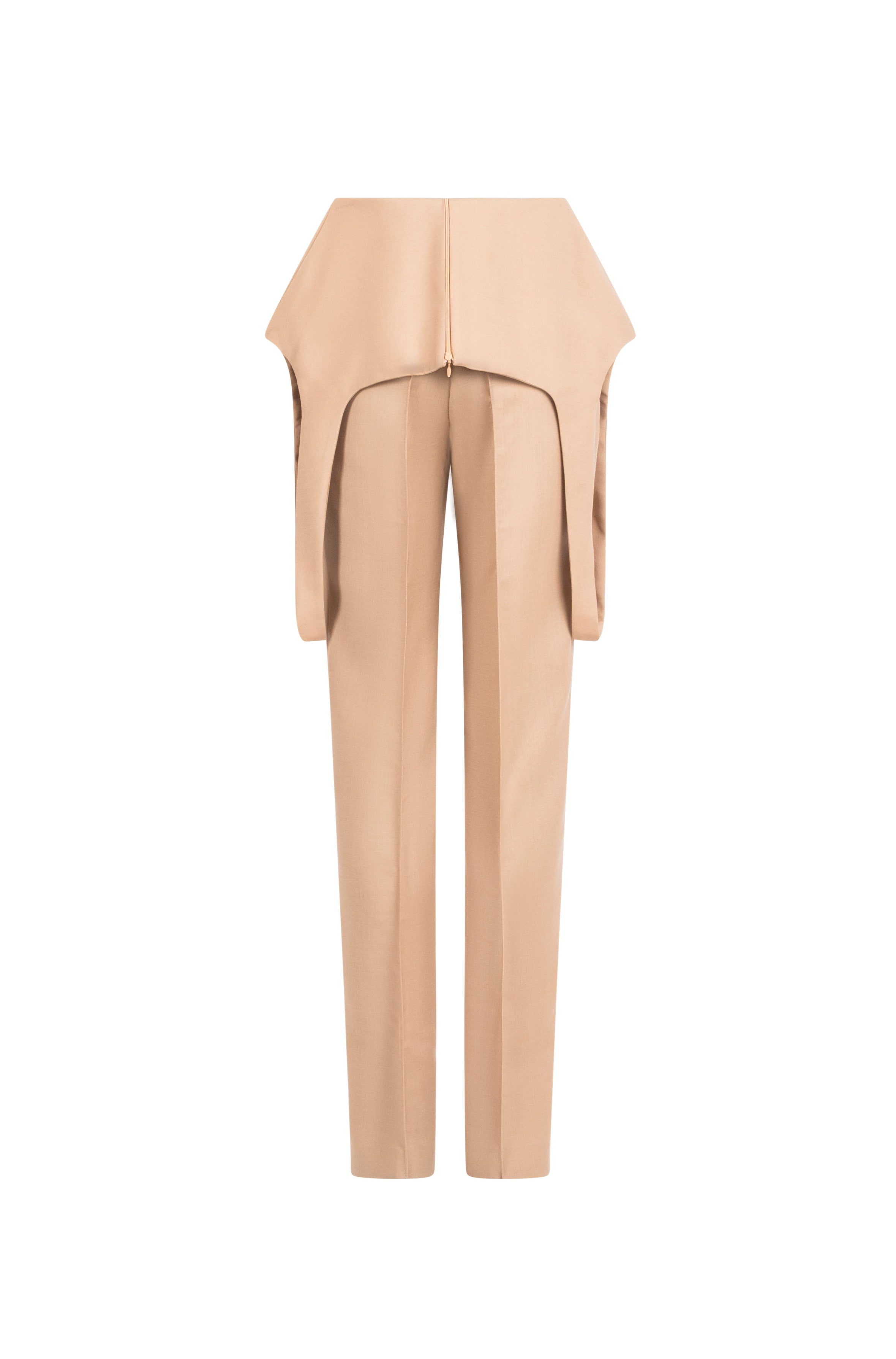 Beige high-waist wool trousers with sculptural draped hip panels with centered zip and straight legs.