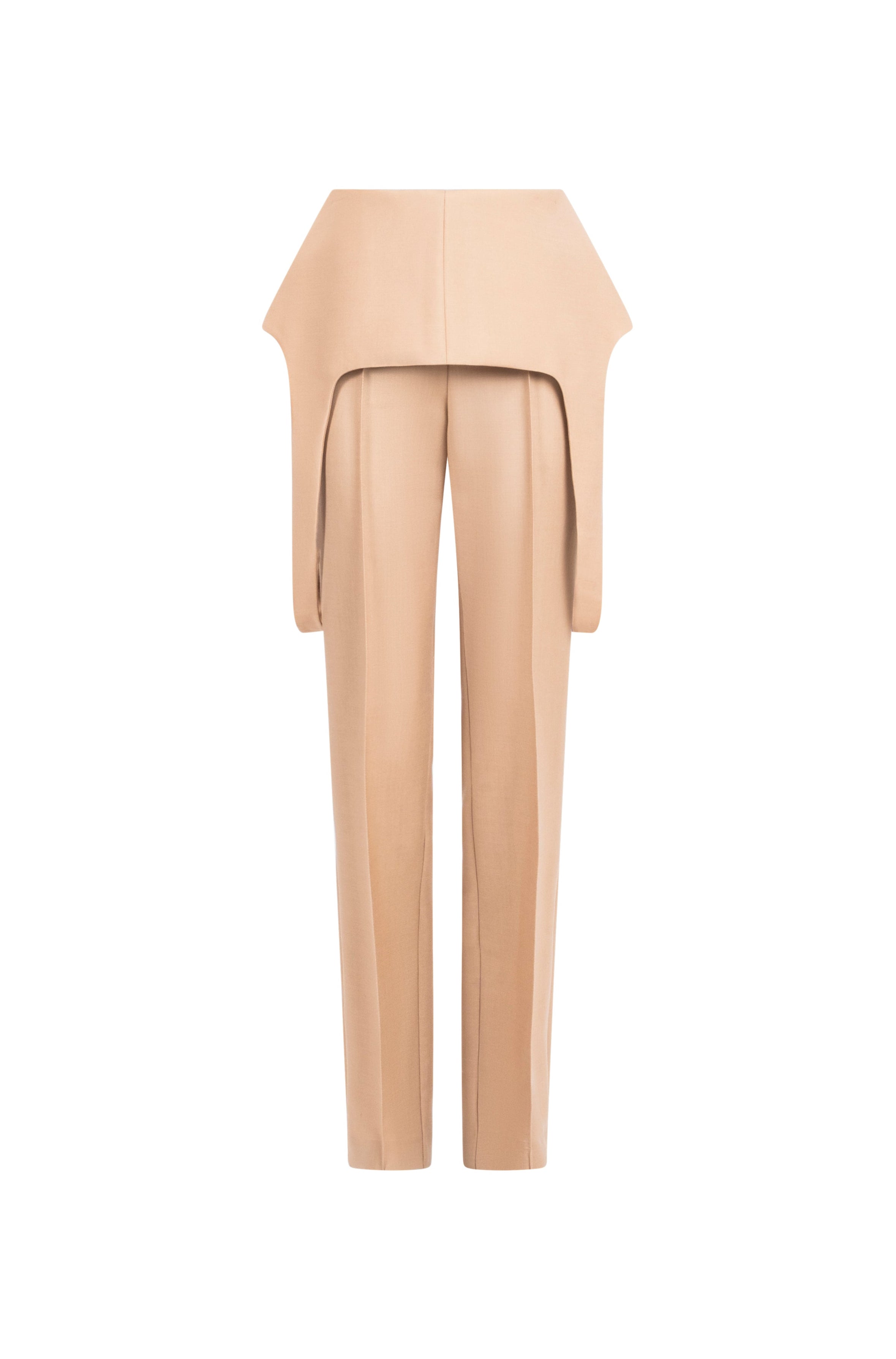 Beige high-waist wool trousers, architectural overskirt-style panels and pressed straight-leg creases.