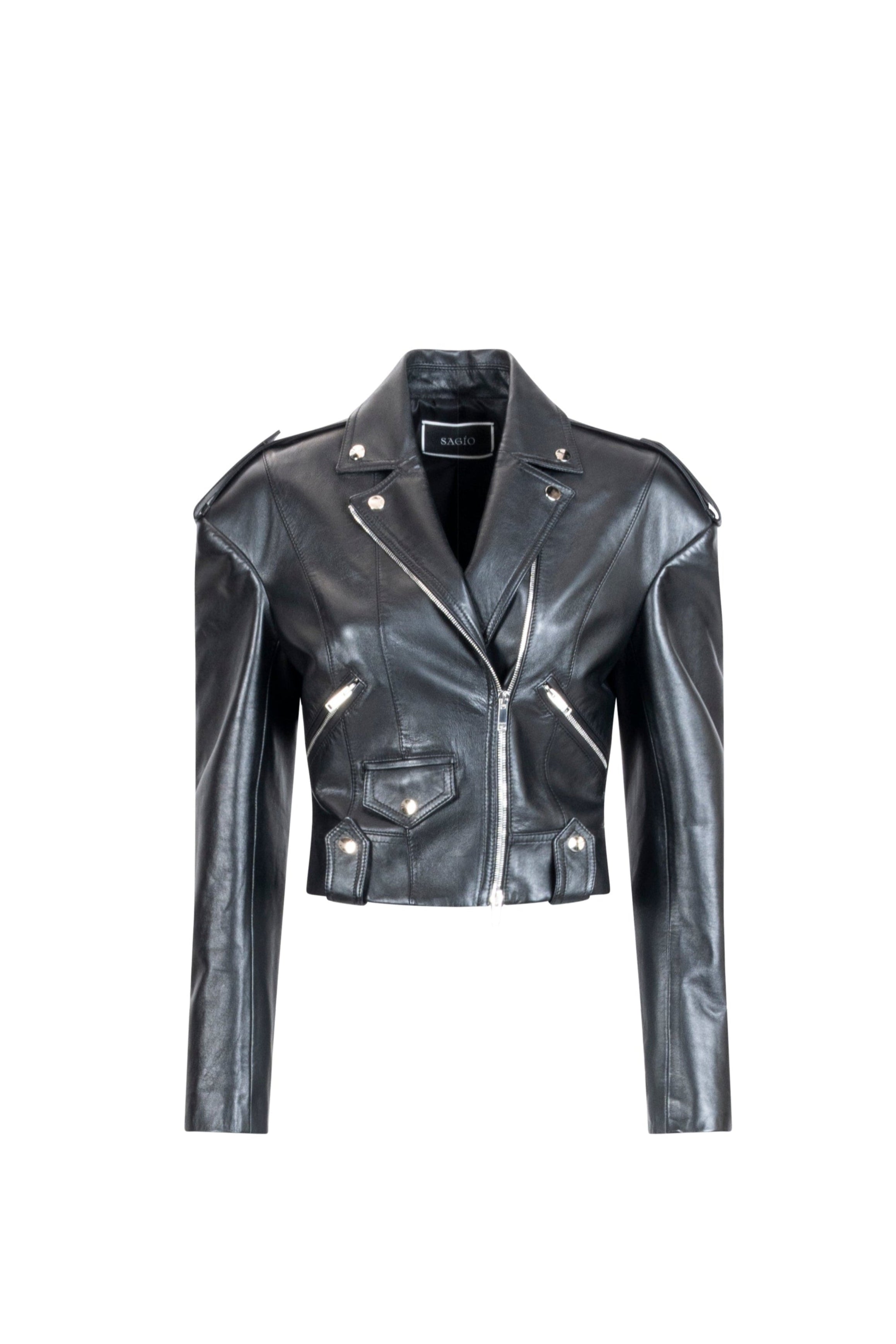 Women’s black cropped leather biker jacket with falling-shoulder detail and silver hardware
