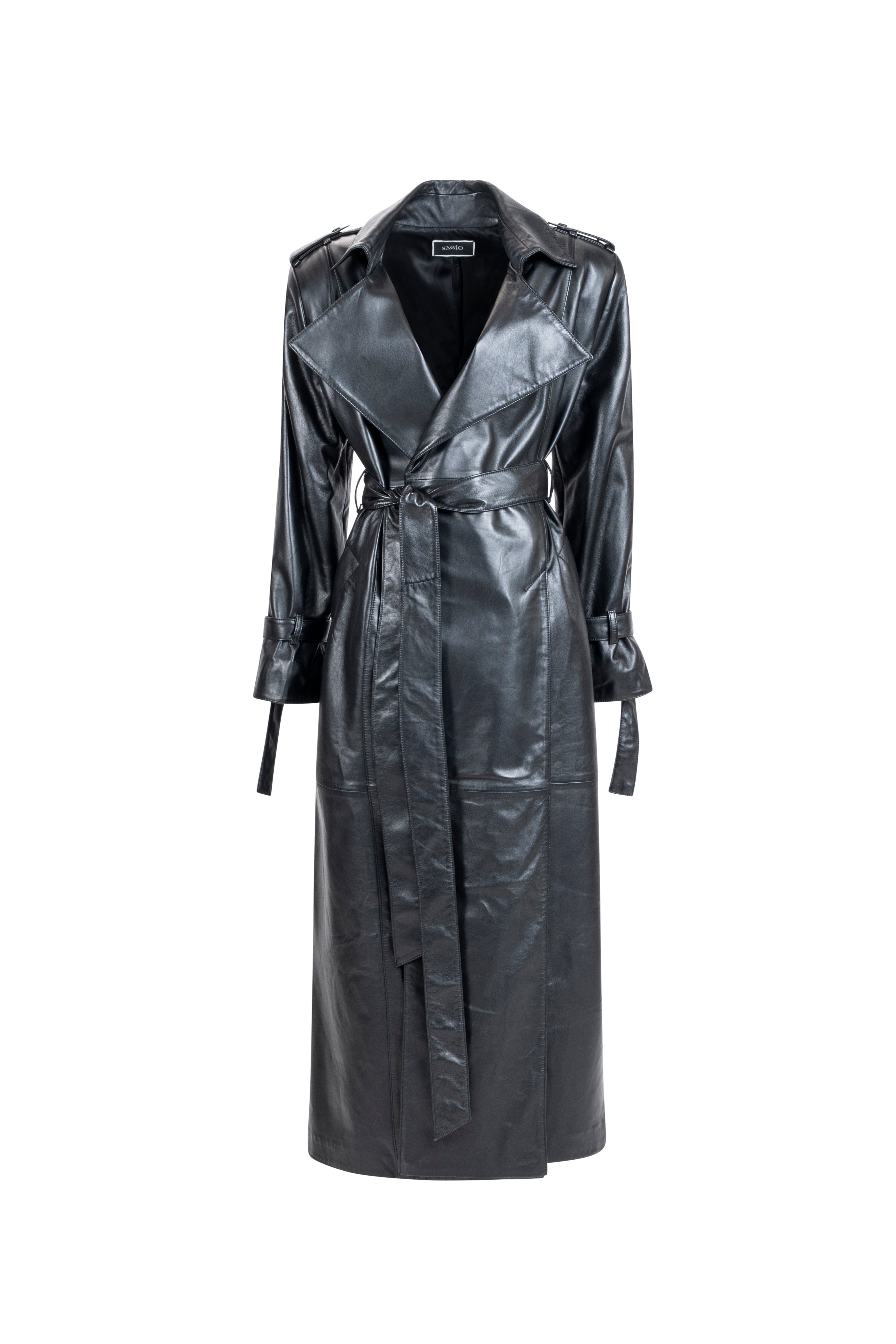 Black leather trench, wrap front and tie belt