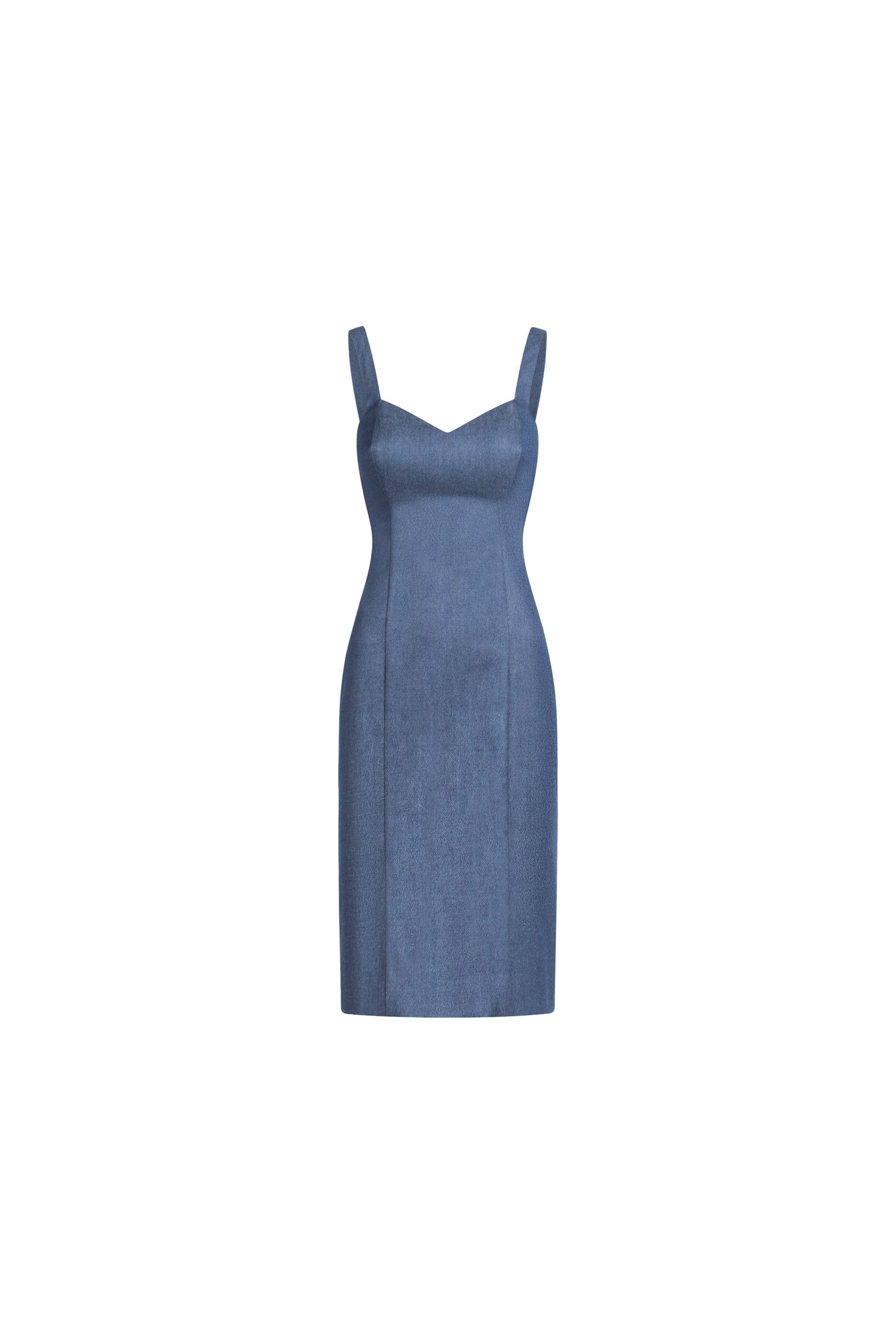 Front view of light blue structured cotton-cashmere midi dress with square neckline